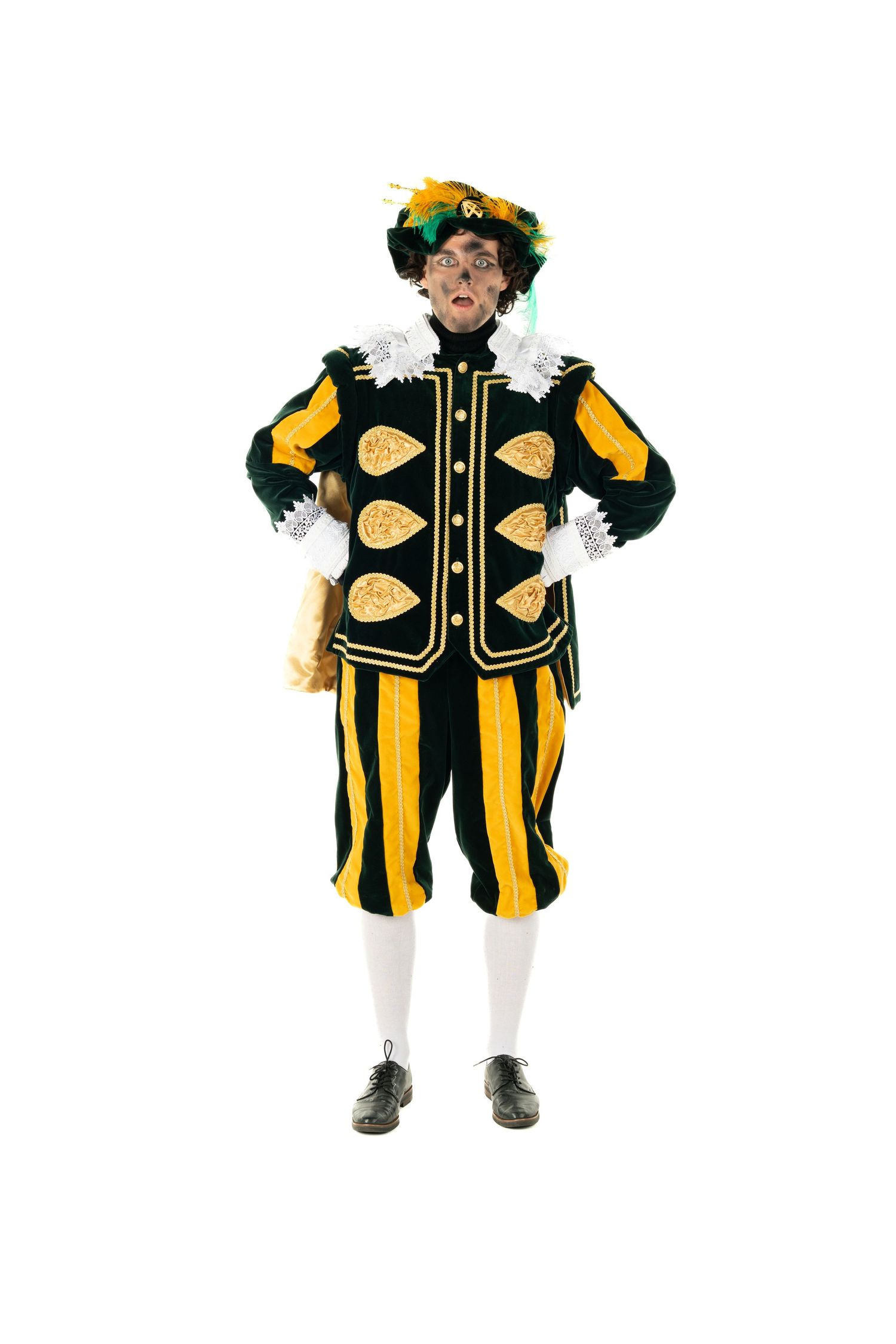 Character sketch showing medieval jester outfit with black and yellow stripes from different angles.