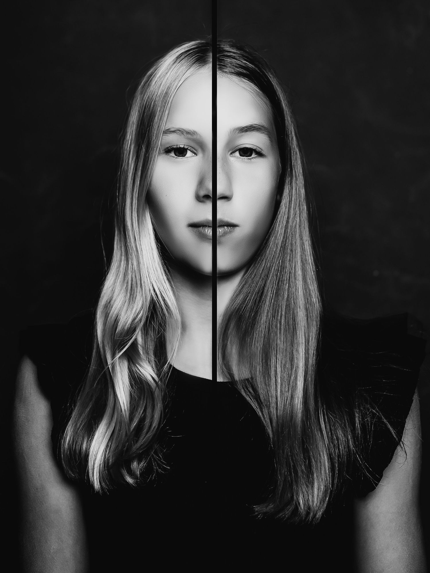 Artistic black and white split portrait showing contrasting lighting effects.