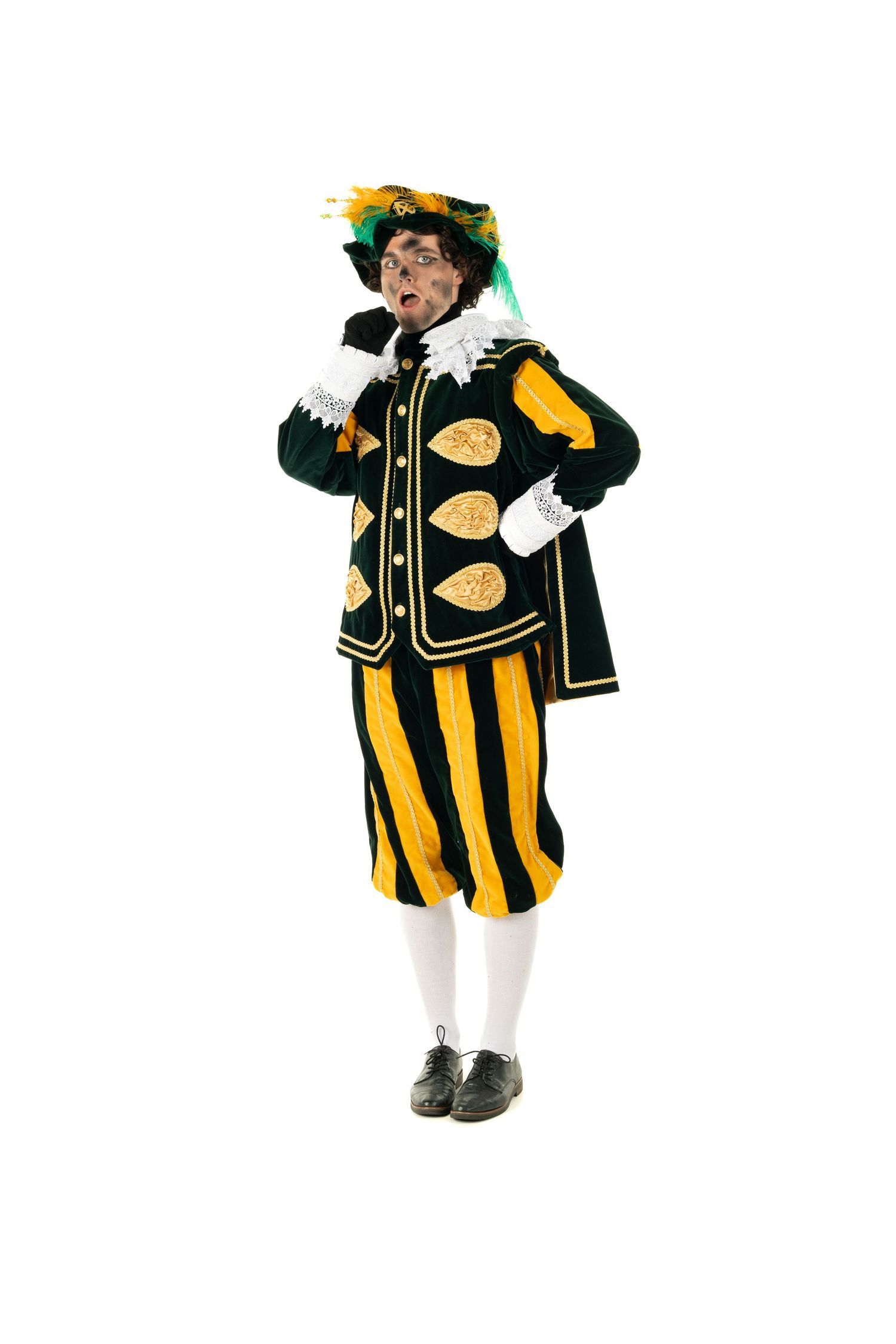 Renaissance style illustration of figure in black and gold striped period costume.