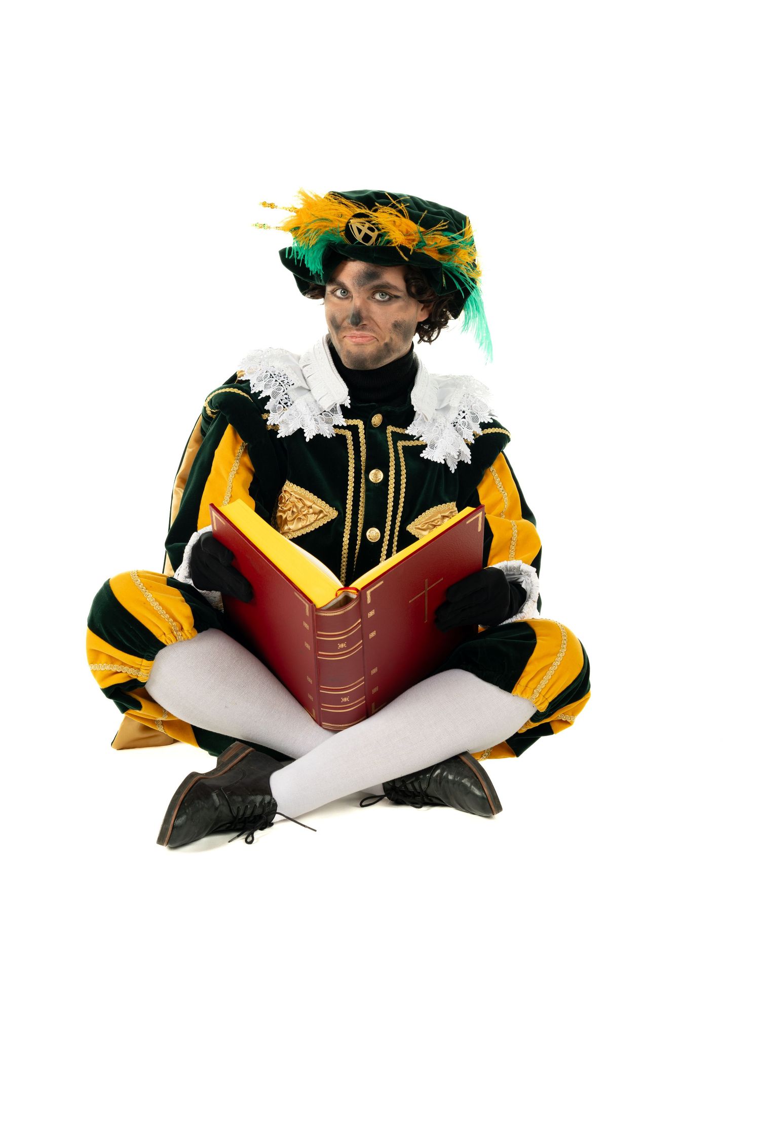 Illustrated figure in Renaissance attire reading a red book in various poses.