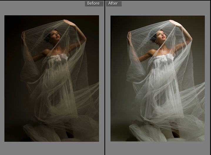 A sequence of ethereal photos showing flowing white fabric creating graceful movement patterns against a dark background.