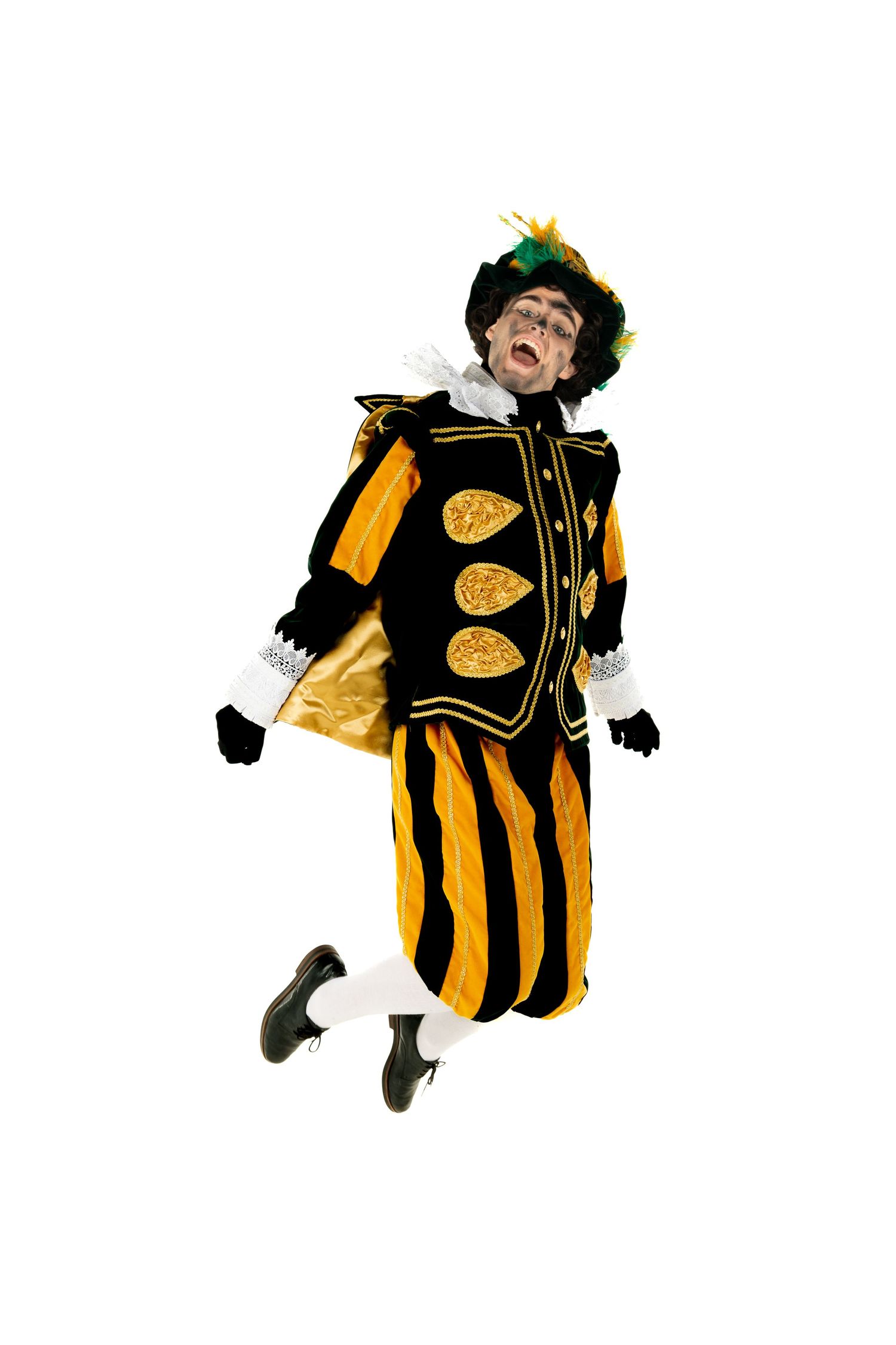 Illustrated character in black and yellow striped Renaissance costume shown in different poses.