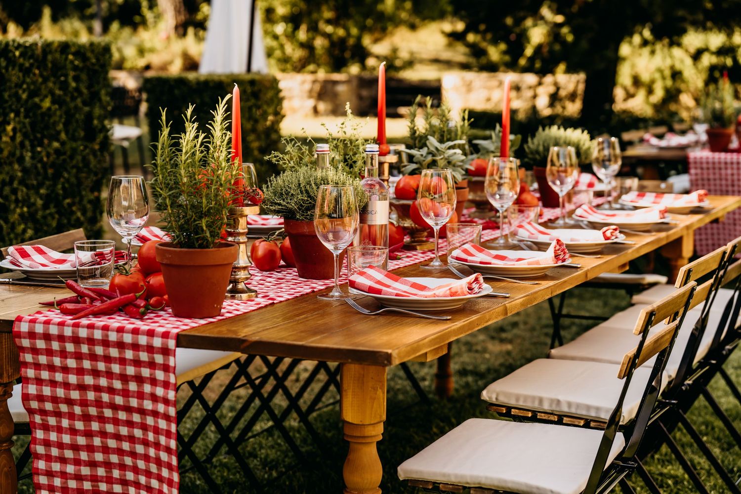 Rustic outdoor wedding reception tables decorated with red checkered tablecloths and elegant place settings in a garden setting.