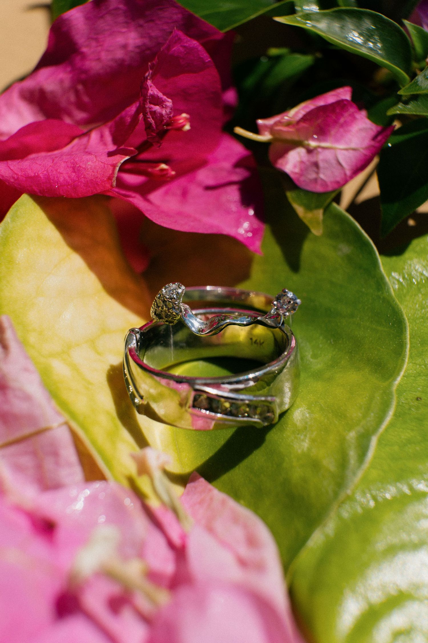 Wedding rings nestled on a green leaf with pink bougainvillea flowers in the background.