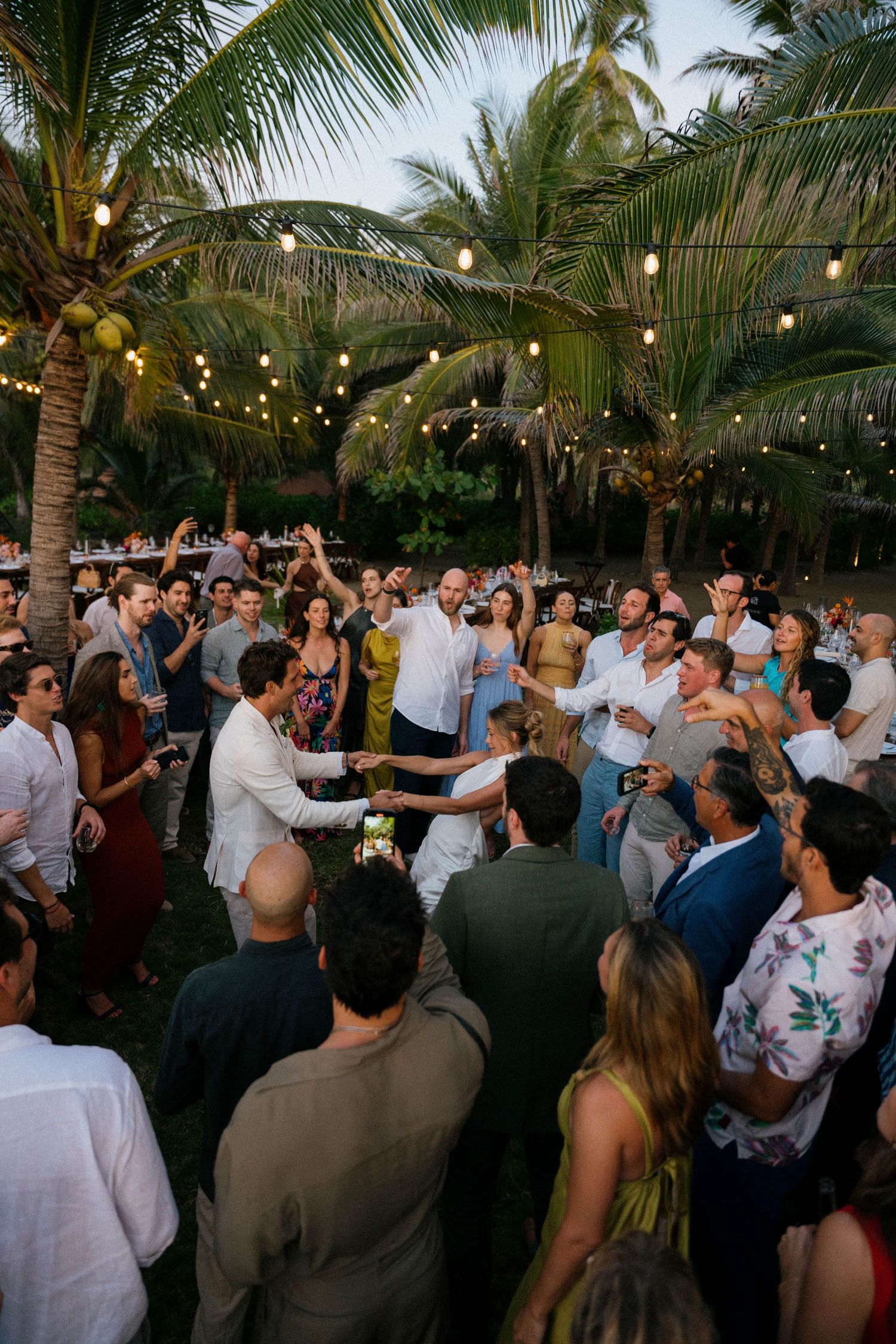 Wedding guests dancing and celebrating under palm trees and string lights at an outdoor reception.