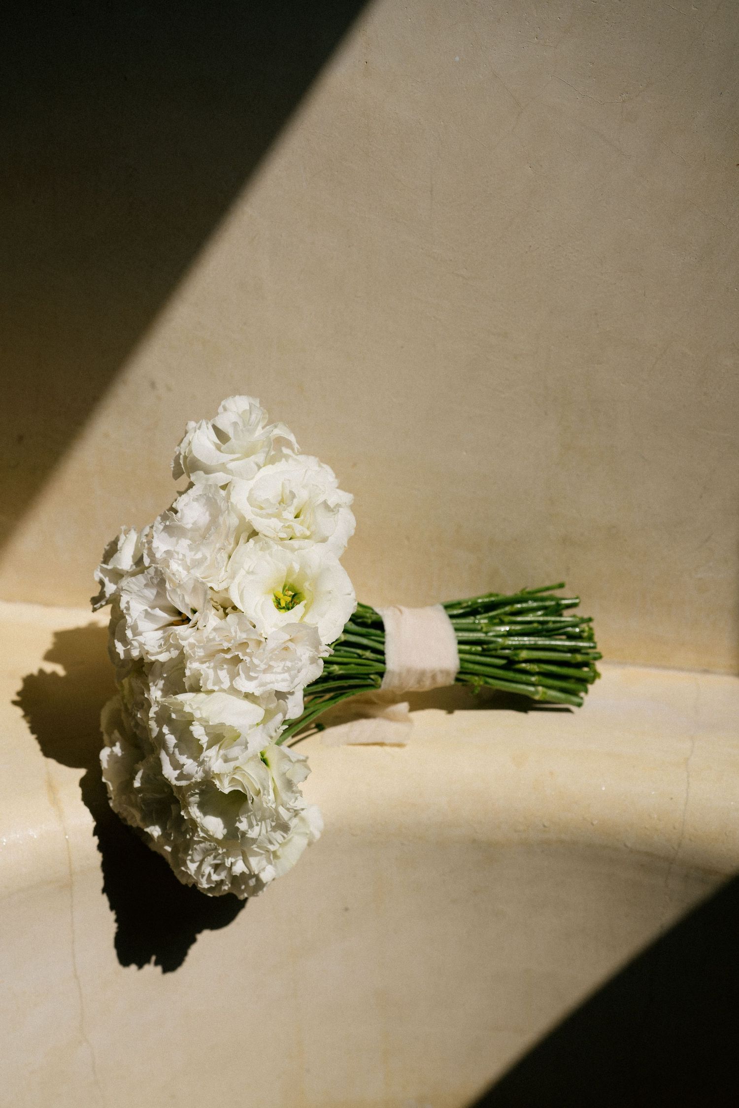 Classic white floral bridal bouquet with stems wrapped in ribbon casting dramatic shadows.