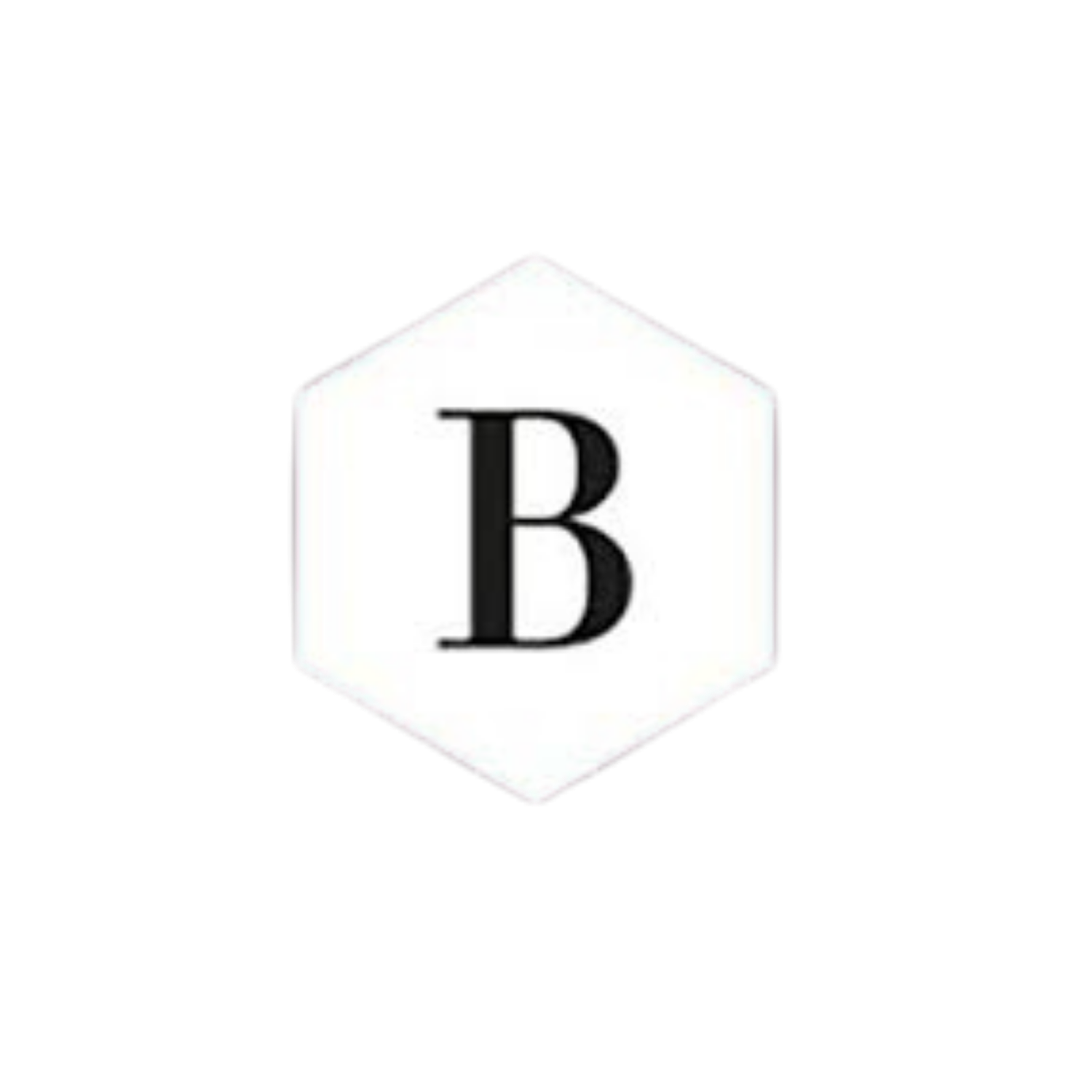 Black letter B inside a white hexagon shape, minimalist logo design with elegant serif typography.