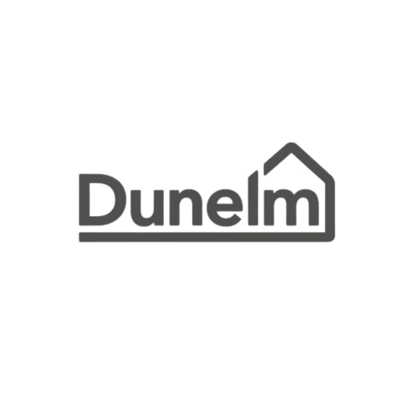 Dunelm logo featuring bold gray text with a house icon incorporated into the letter m on a white background.