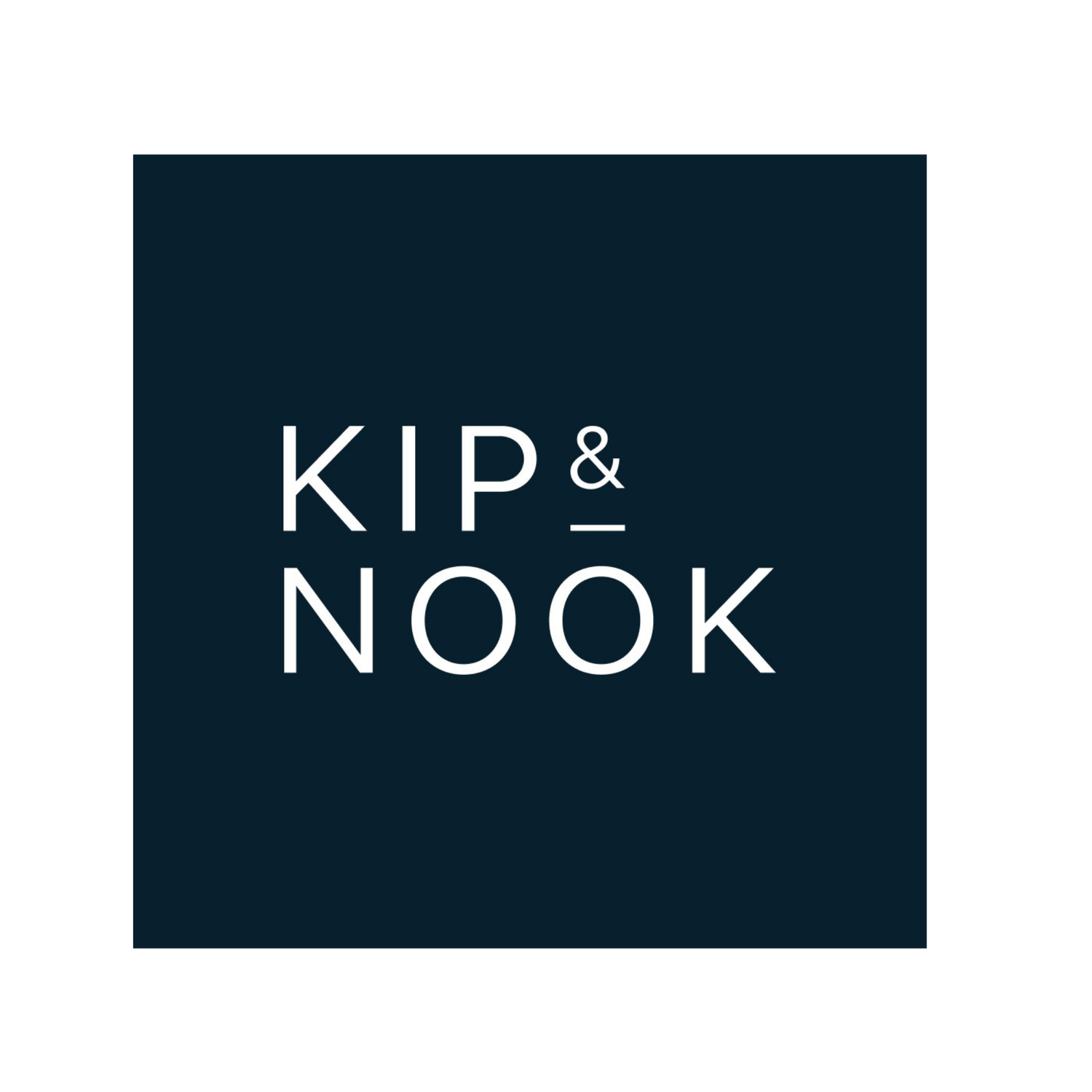 Kip & Nook brand logo in white text on a dark navy blue square background.
