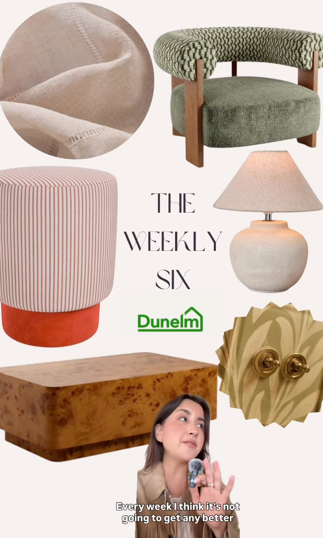 Dunelm Weekly Six home decor collage featuring a green armchair, striped ottoman, ceramic lamp, burl wood coffee table, and gold wall light.