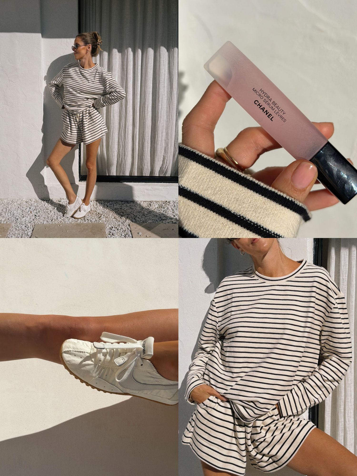Woman in striped shorts set with white sneakers poses outdoors, paired with Chanel beauty product and casual striped loungewear.