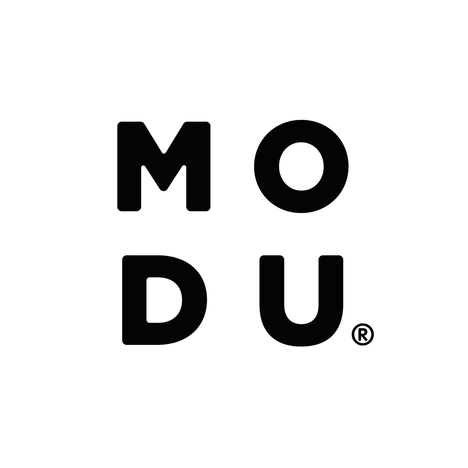 Black and white MODU logo featuring bold block letters arranged in a 2x2 grid with a registered trademark symbol.