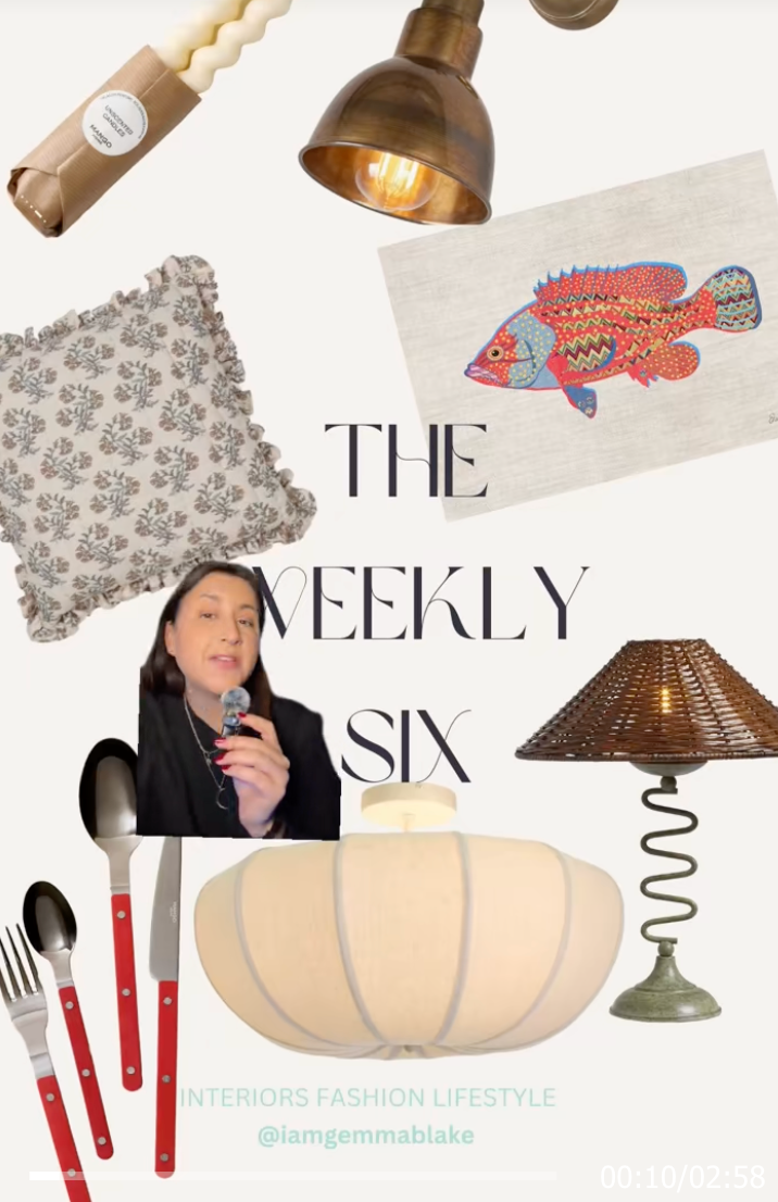 A lifestyle mood board featuring home decor items including lamps, pillows, artwork of a red fish, and decorative accessories.