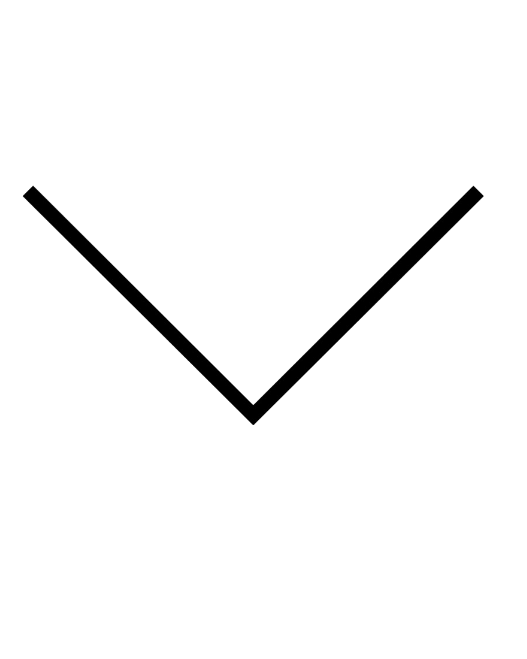 Black minimalist downward chevron arrow icon on white background, simple V-shape design element.