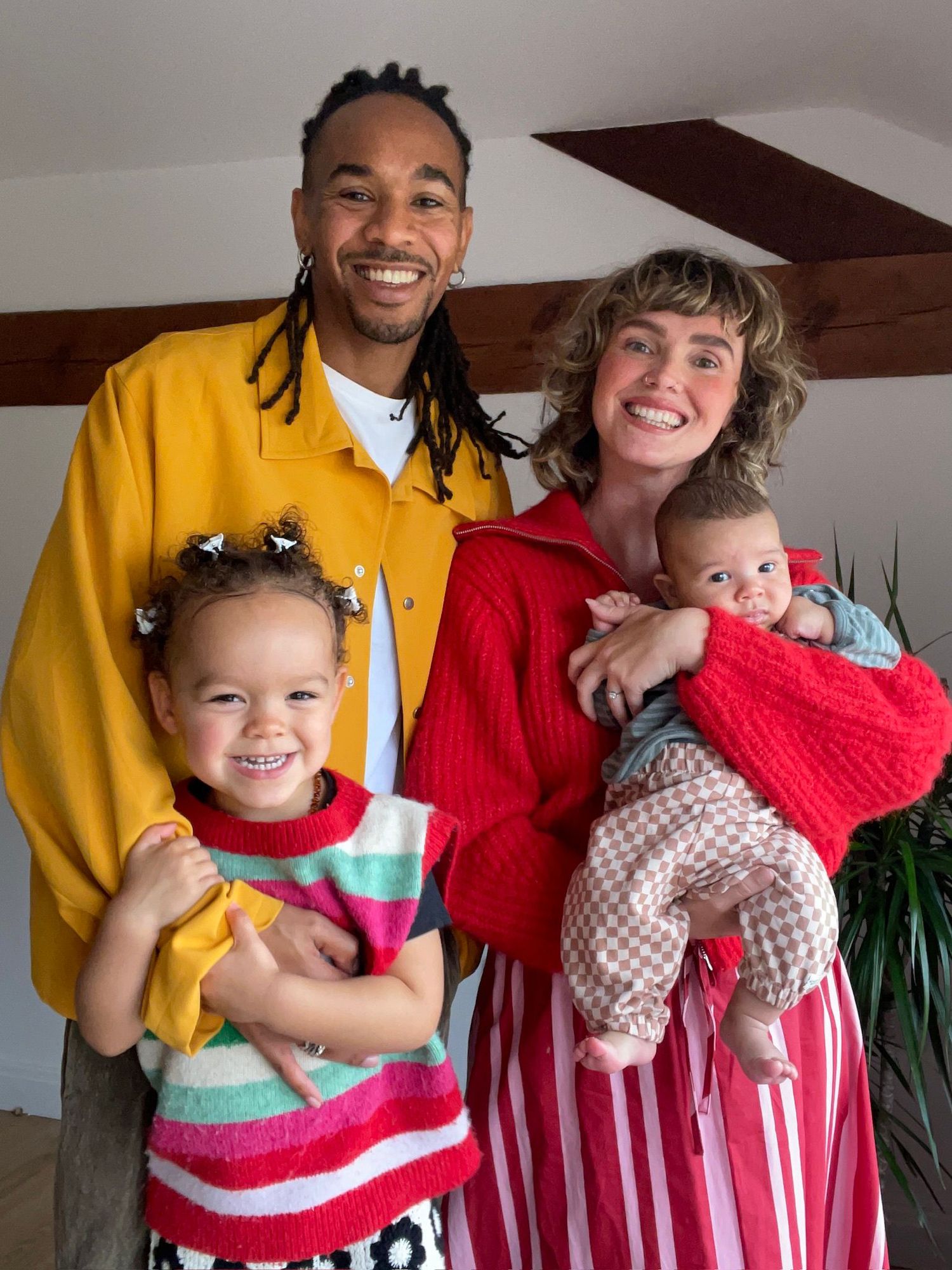 Family members in yellow and red sweaters pose together in a series of candid holiday photos showing joyful expressions.