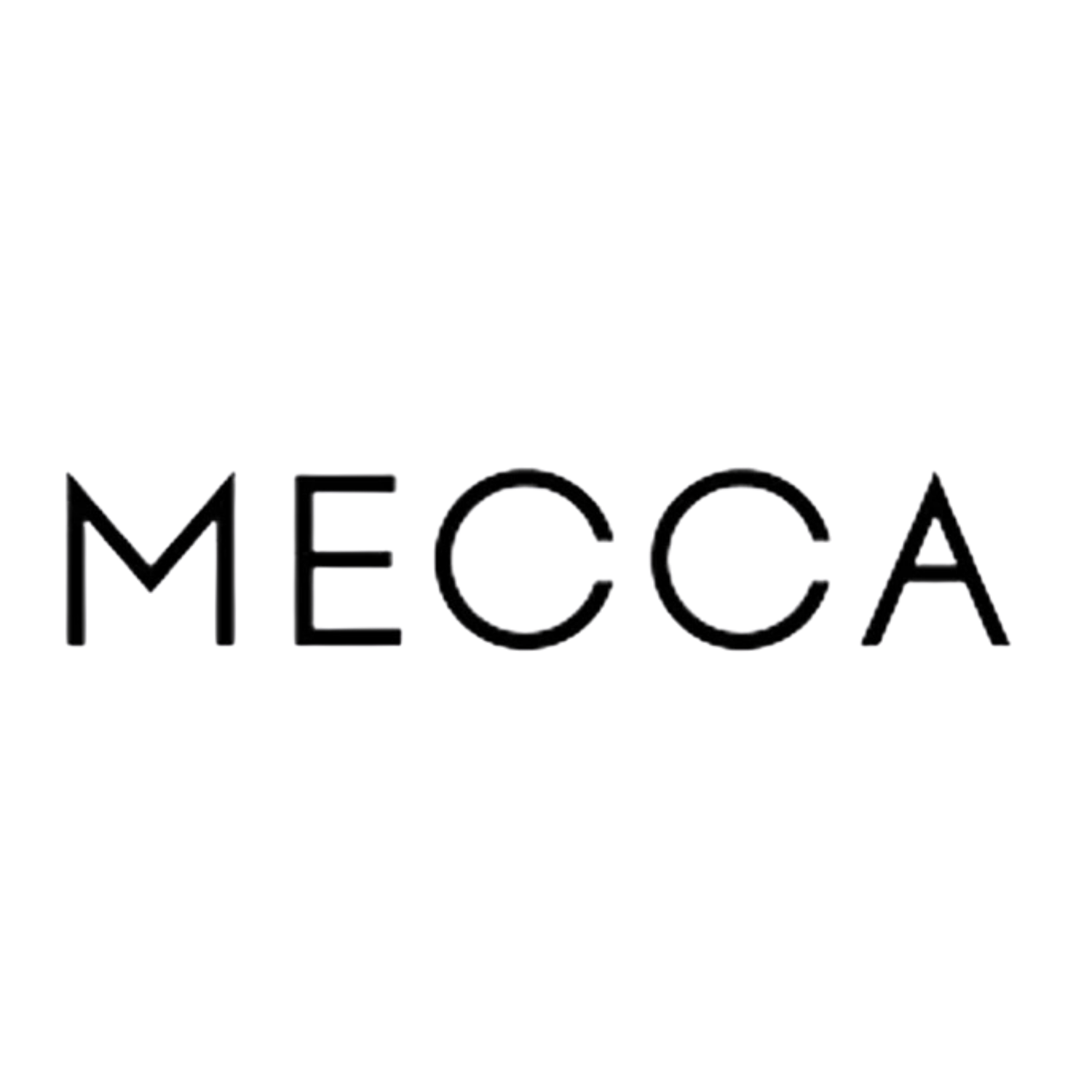 MECCA beauty retailer logo featuring bold black uppercase serif letters on a clean white background.