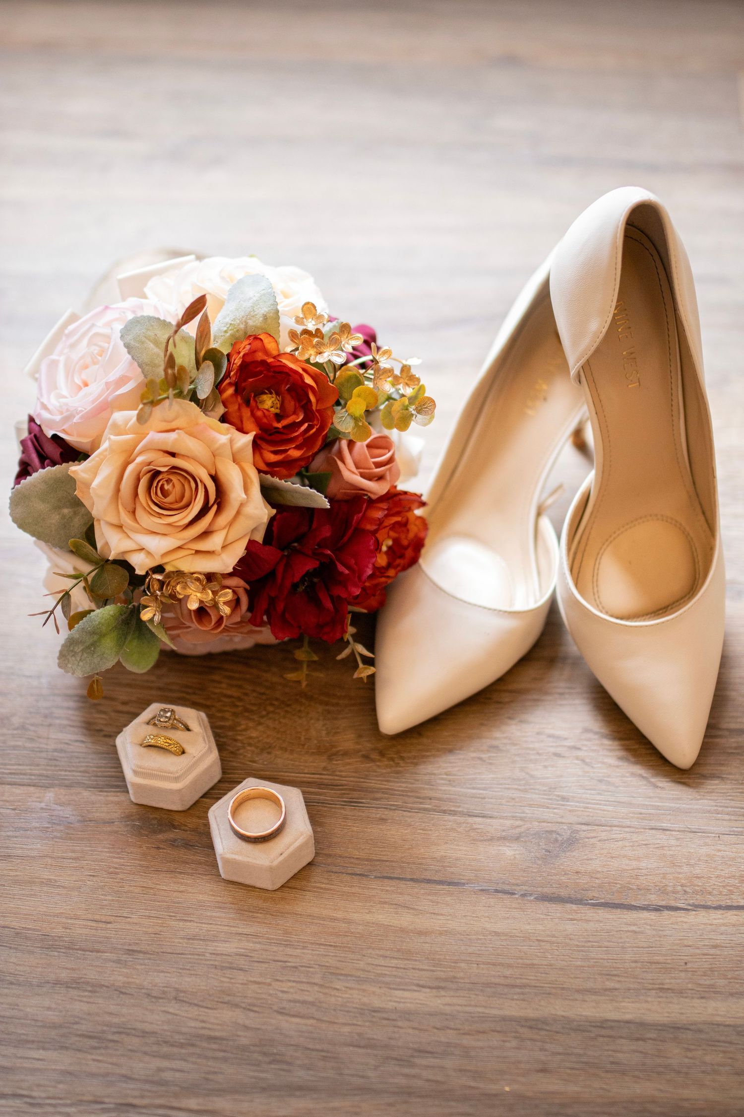 Wedding day details - flower, ring, ring box, high heels