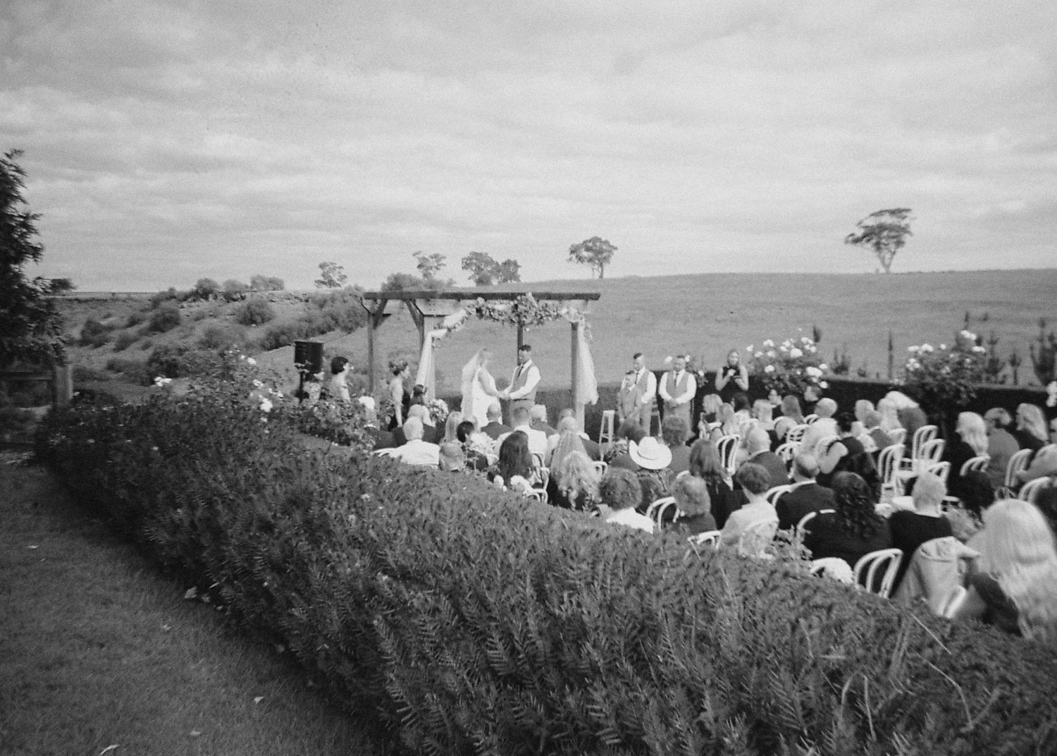 Black and white photo of an outdoor wedding ceremony with guests seated beside a hedge with rural landscape.