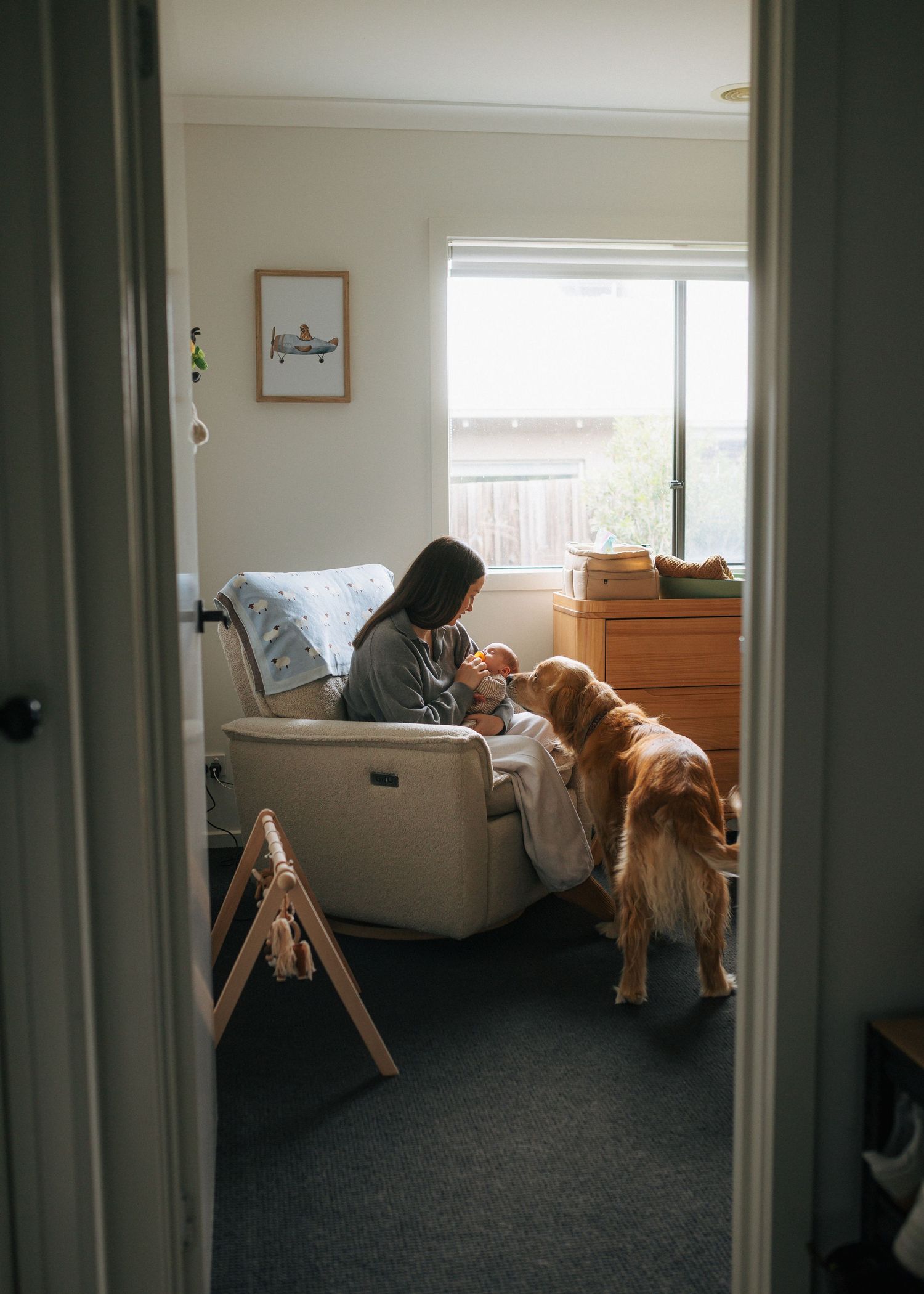 A mother sits in a nursery glider chair holding her newborn baby while a golden retriever stands nearby.