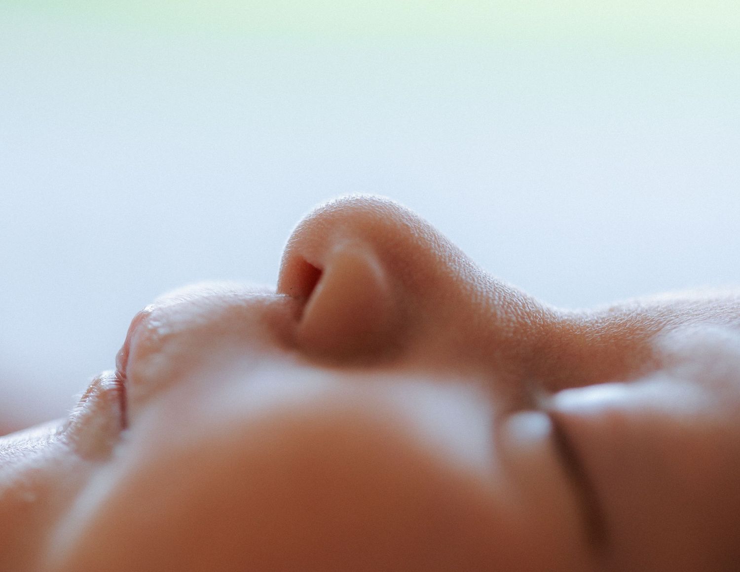 Extreme close-up macro photo of a sleeping newborn baby's tiny nose.