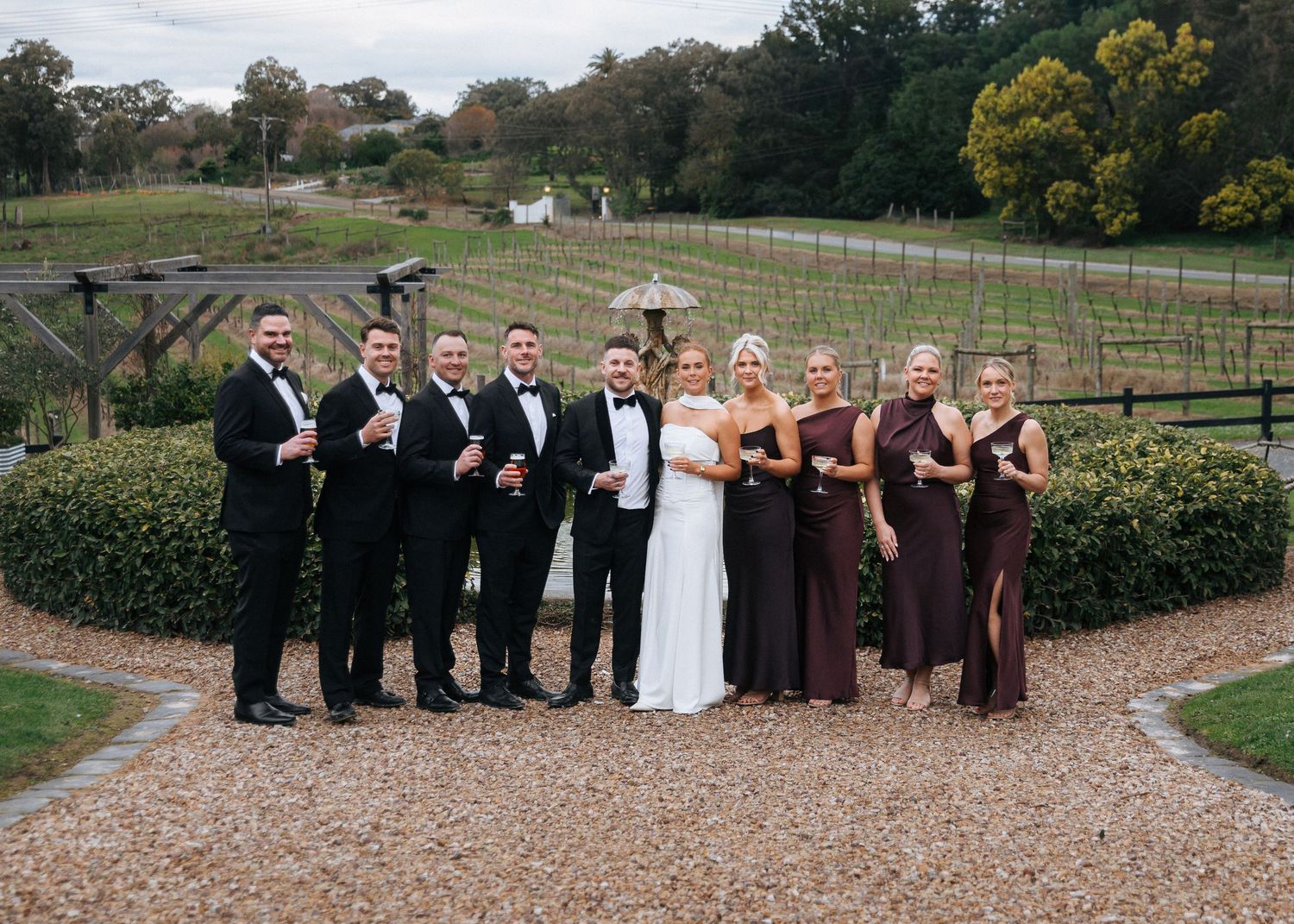 Wedding party in black tuxedos and burgundy gowns posing before vineyard rows.