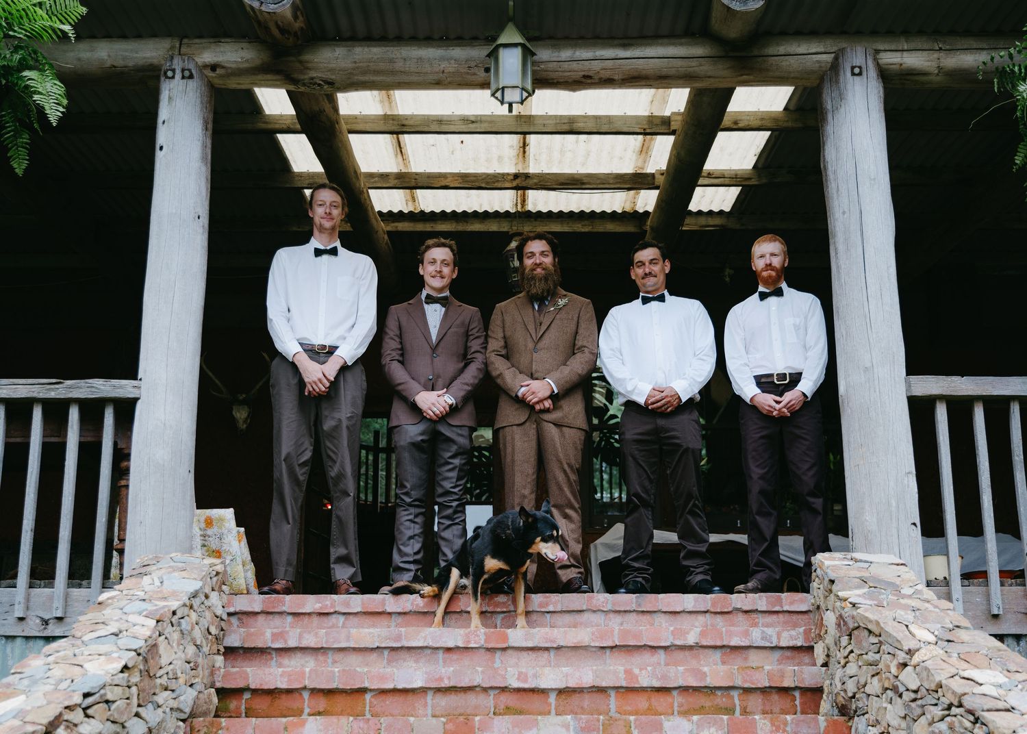 Groom and groomsmen posing on stone steps with a dog at an outdoor rustic wedding venue.