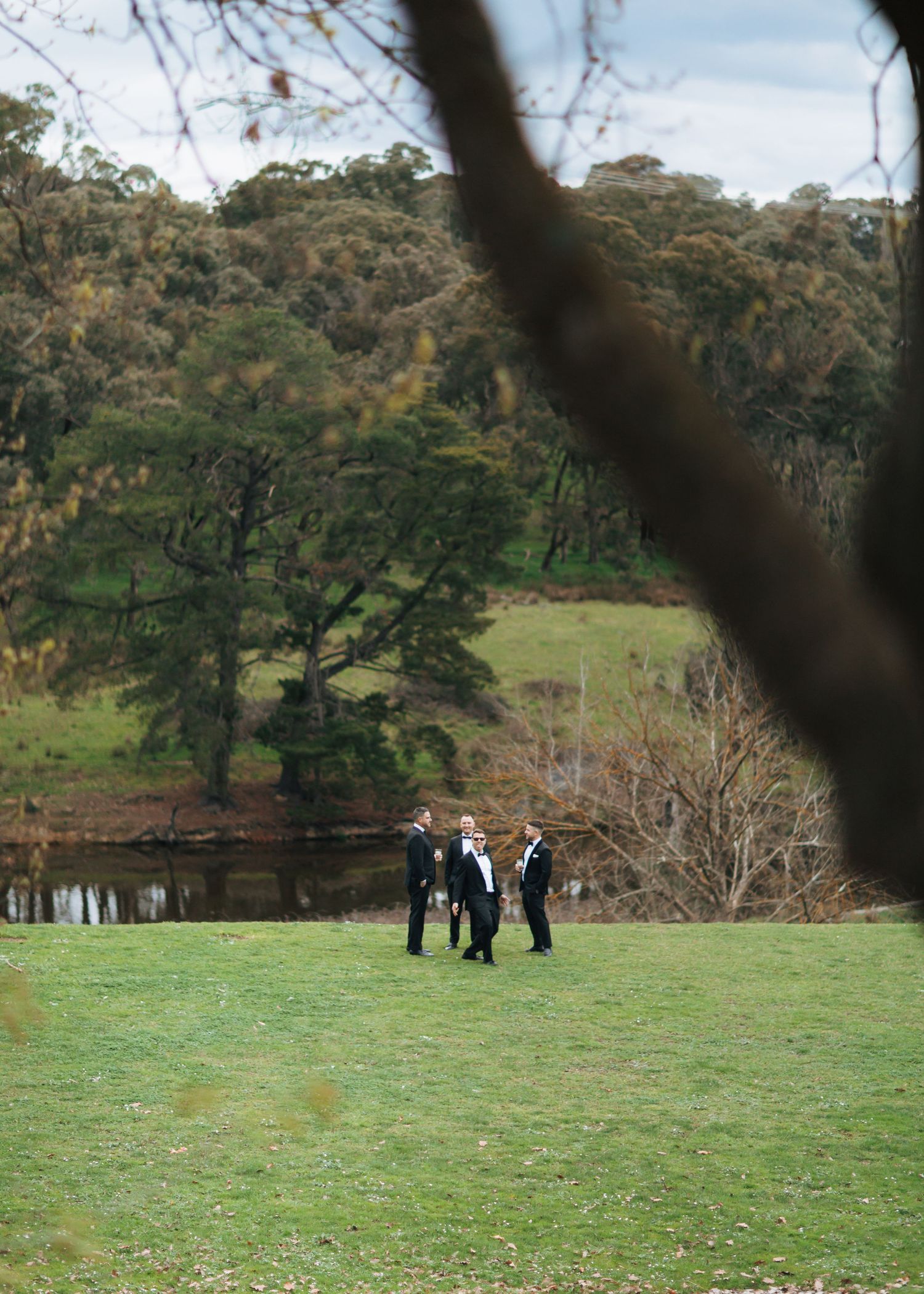 Three groomsmen in black tuxedos standing in green field near pond framed by tree branches.