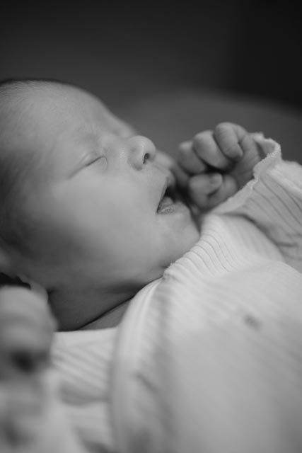 Black and white close-up of newborn baby yawning with tiny fist raised during peaceful newborn photo session.