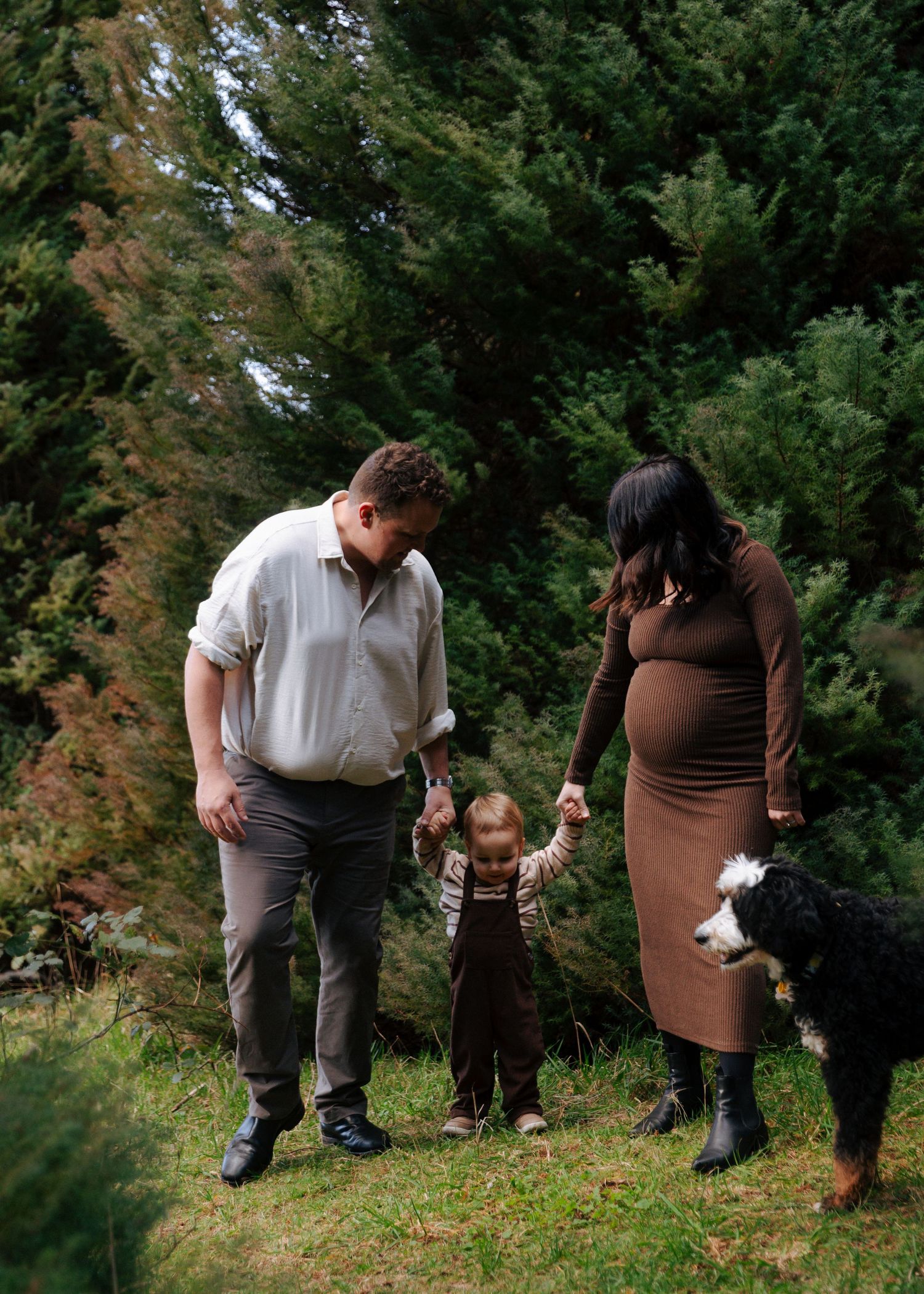 Family with toddler and dog walking through lush green forest during maternity shoot.