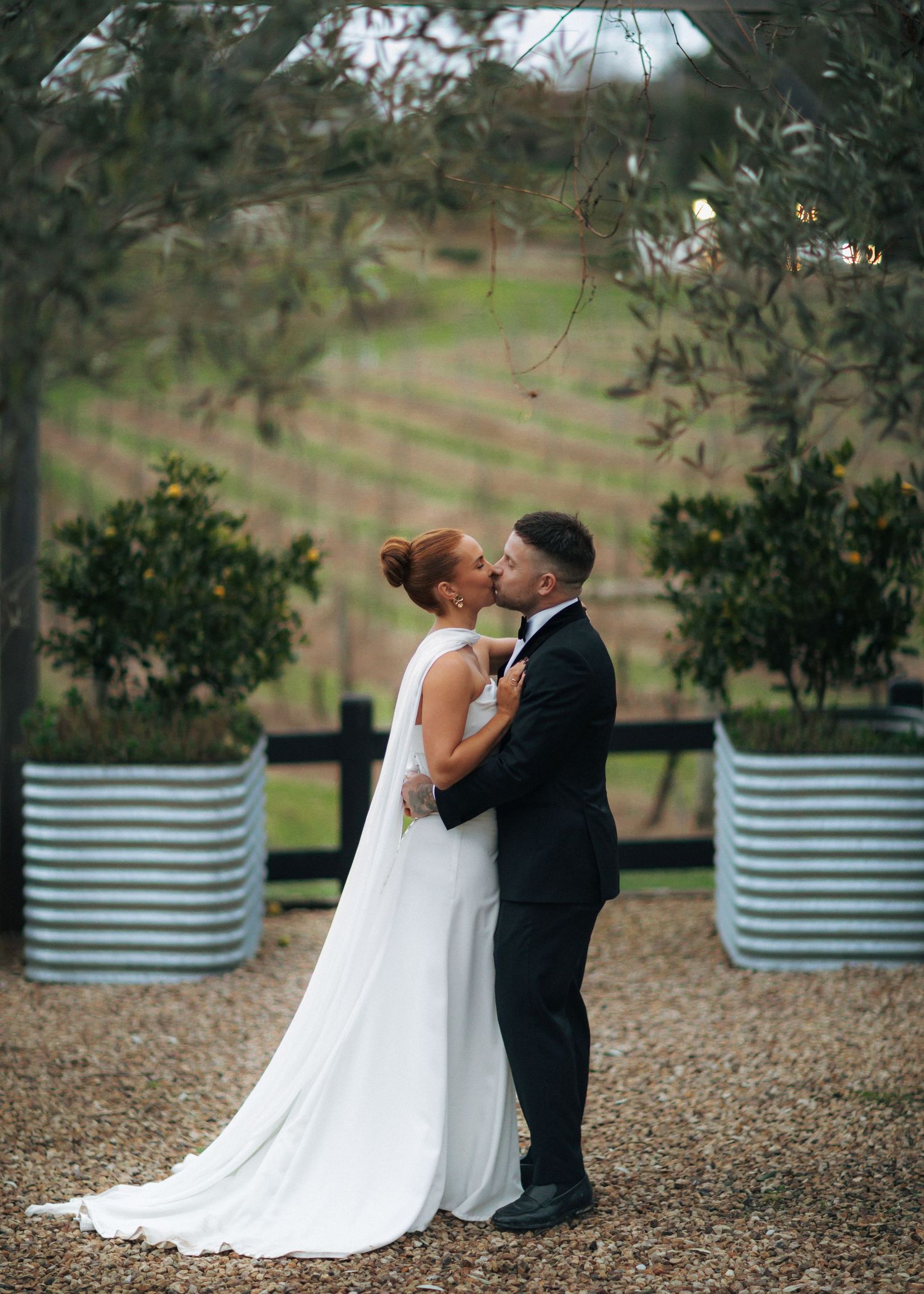 Bride and groom sharing romantic kiss outdoors at vineyard wedding venue with lush greenery.