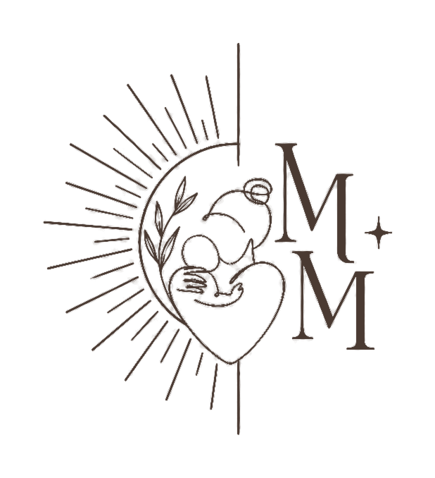 Celestial moon logo with floral heart design and decorative MM monogram in elegant brown line art style.