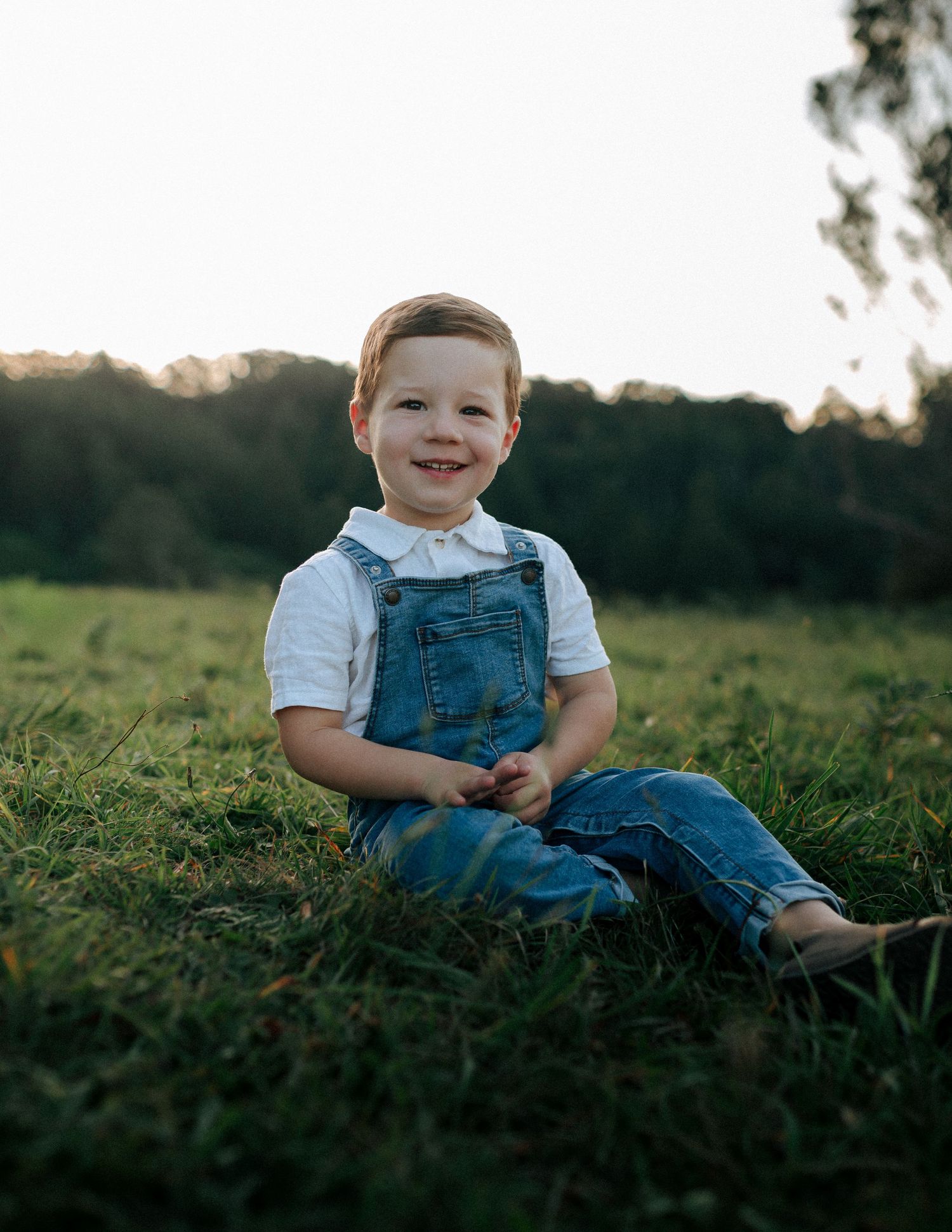 A happy toddler boy in denim overalls sits smiling on green grass in golden evening light.