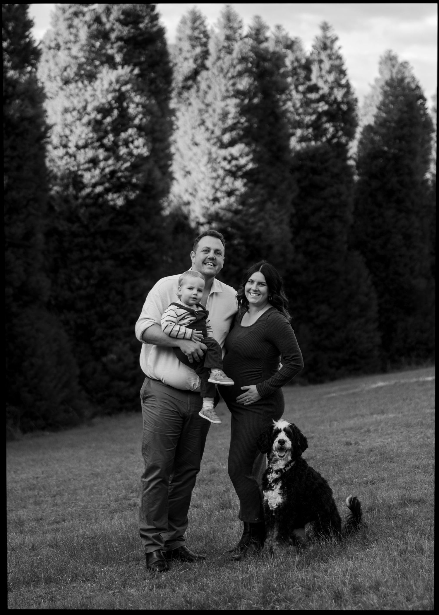 Black and white family portrait with couple, baby, and Bernese Mountain Dog.