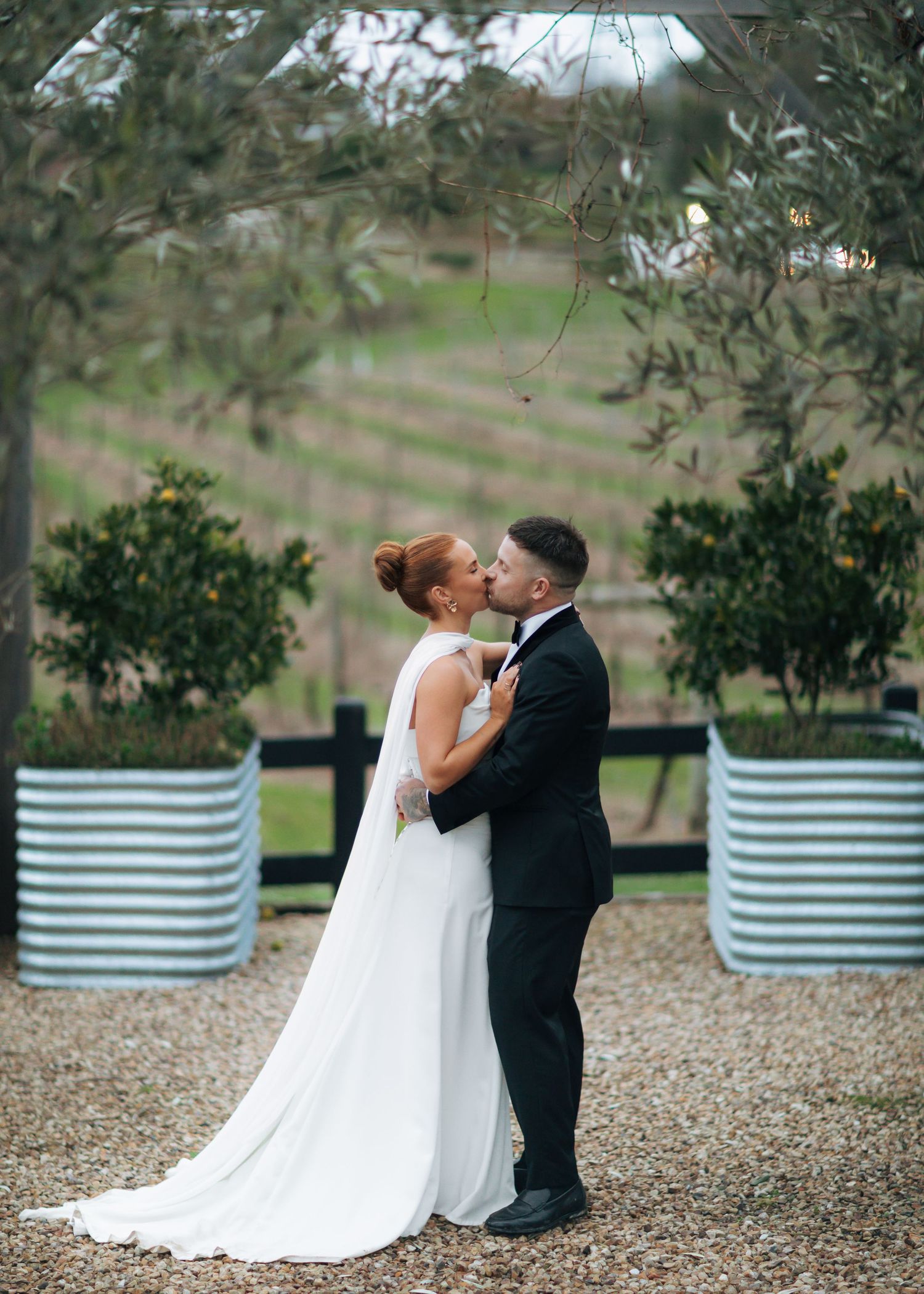 Bride and groom sharing a kiss in vineyard garden setting.