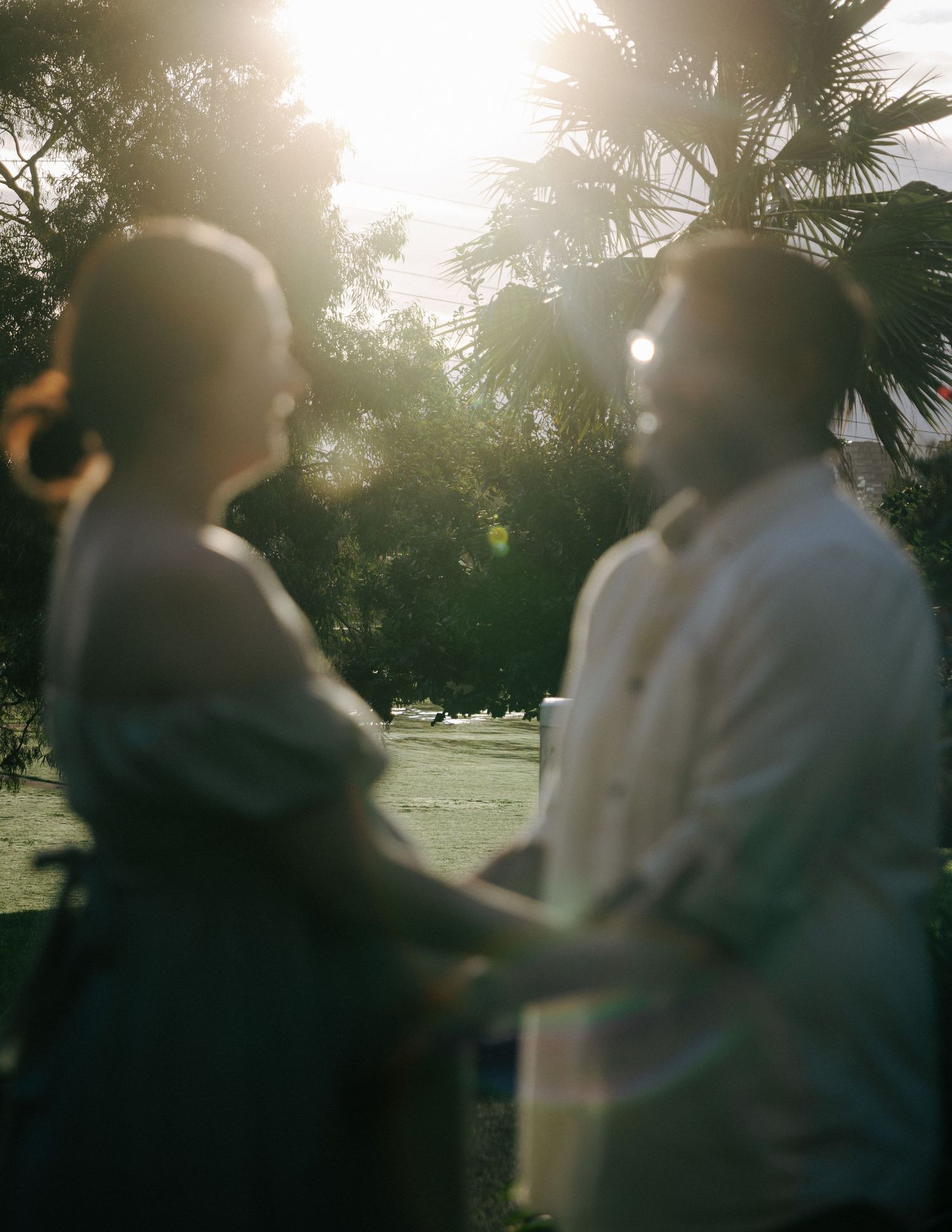 Backlit maternity photo of couple holding hands in golden sunlight surrounded by lush tropical palm trees.