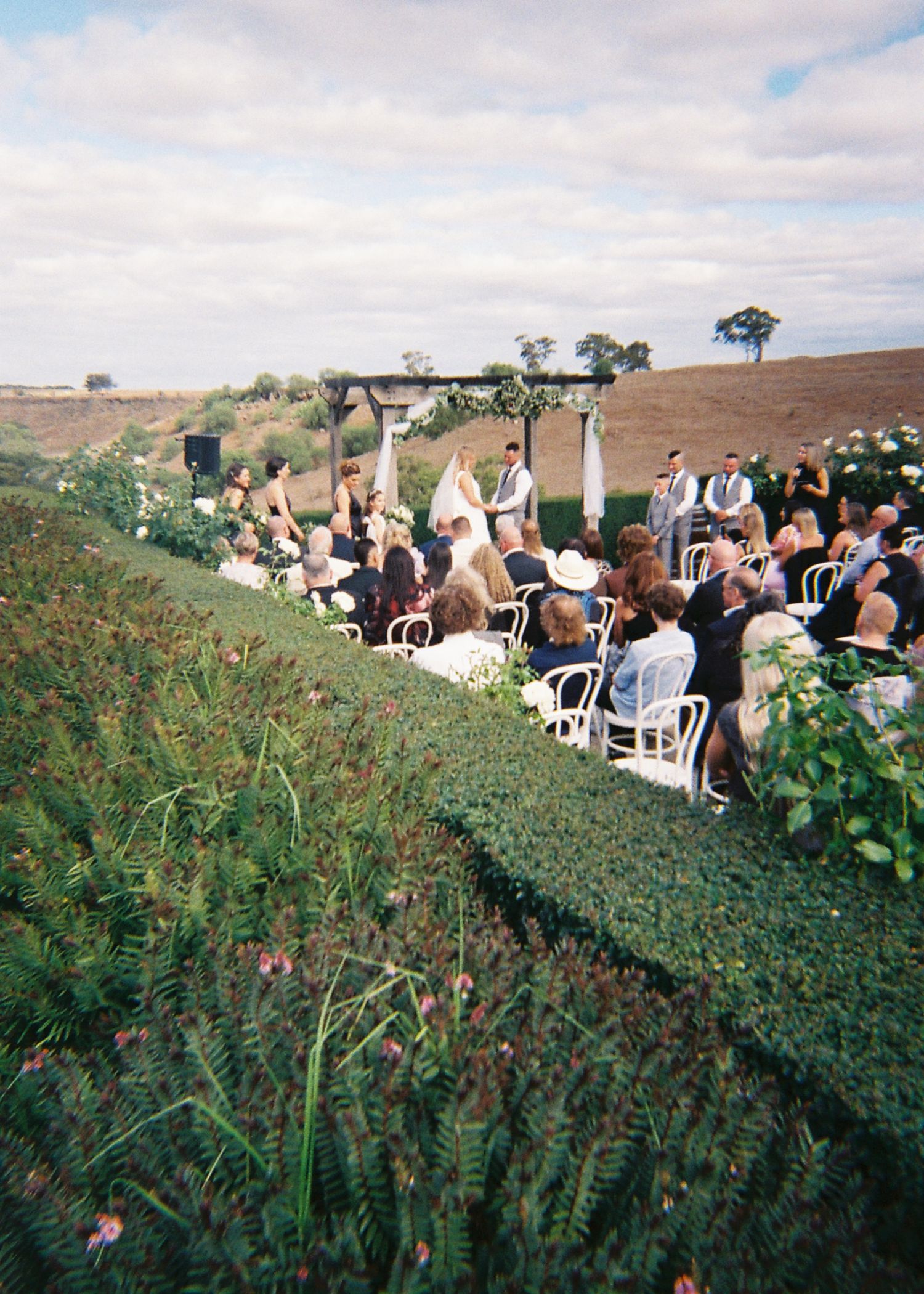 Outdoor wedding ceremony with guests seated along a lush green hedge under a cloudy sky.