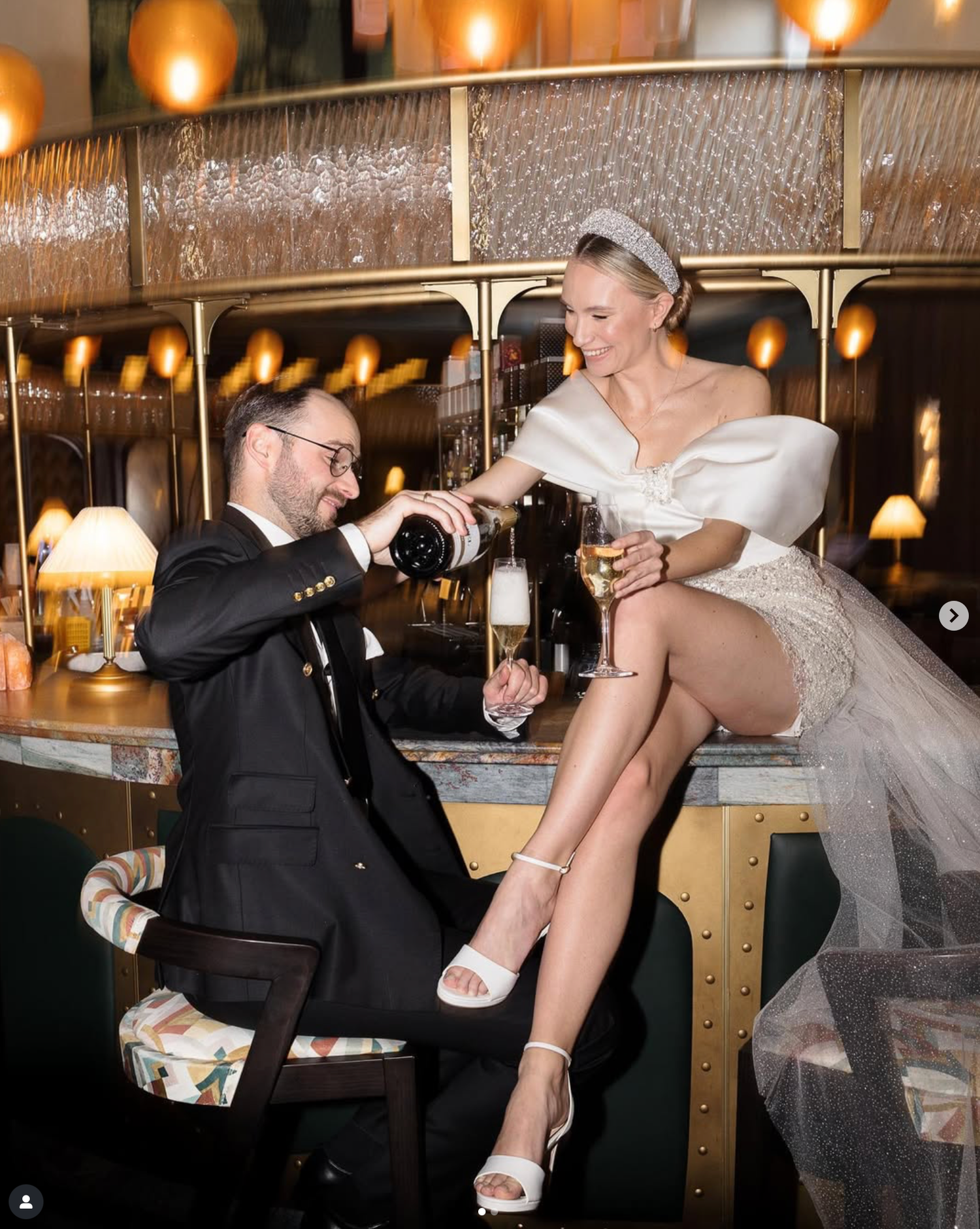 Sequence of playful dance moves between bride and groom at an indoor wedding reception.