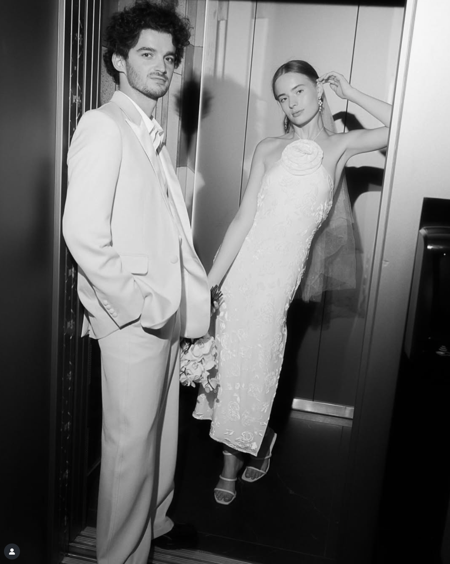 Black and white photo series showing a couple in formal attire posing against a wall.