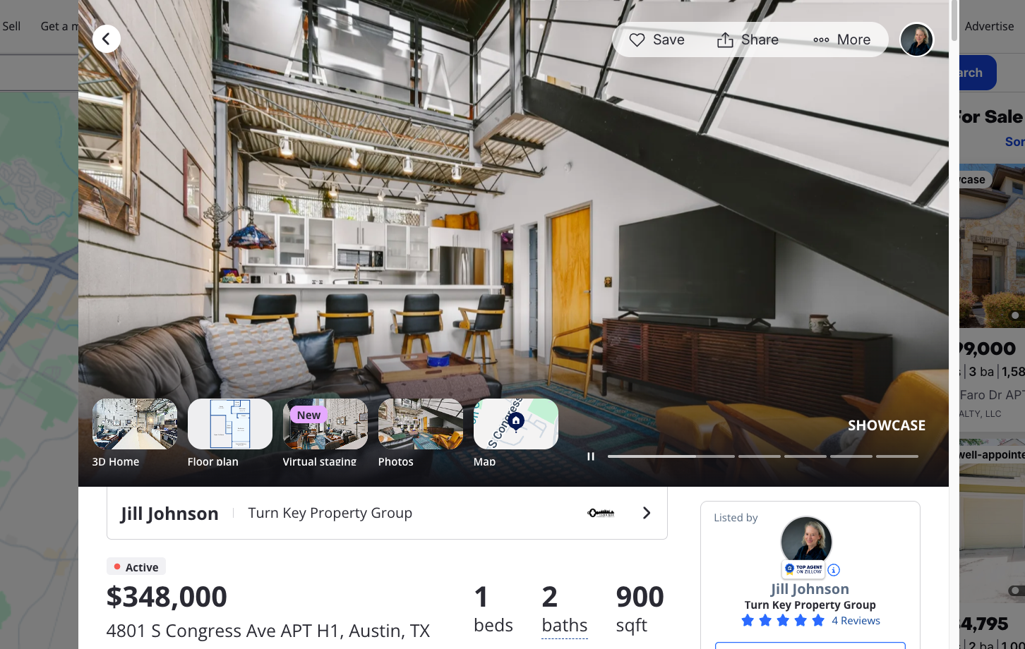 Modern Austin loft at 4801 S Congress Ave listed at $348,000 featuring industrial design, 1 bed, 2 bath, 900 sqft.