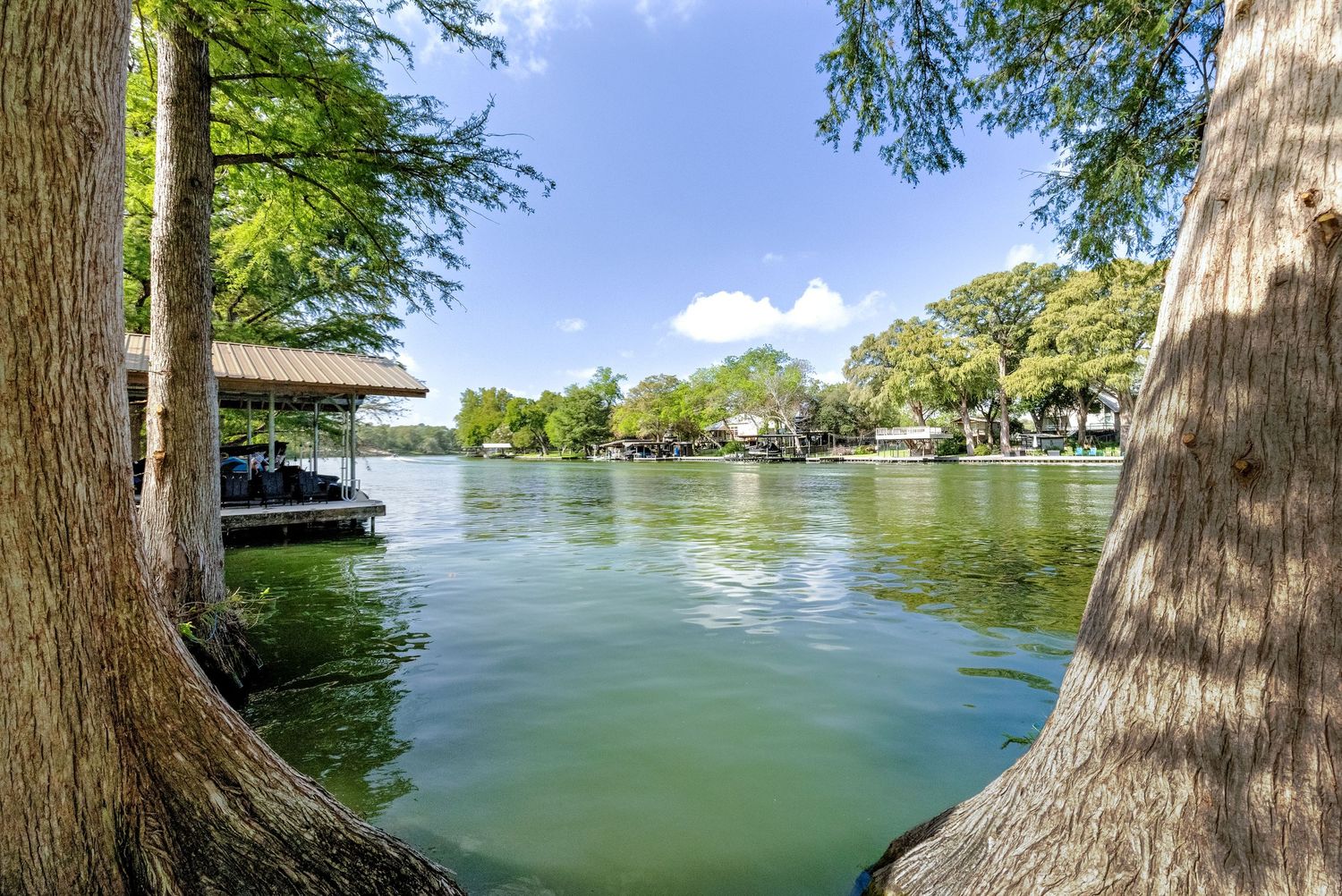 Scenic Texas river view framed by large cypress trees with a covered boat dock and lush green surroundings.