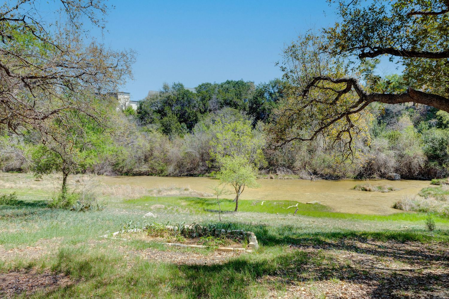 Scenic Texas Hill Country landscape with oak trees, lush greenery, and a serene pond under a clear blue sky.