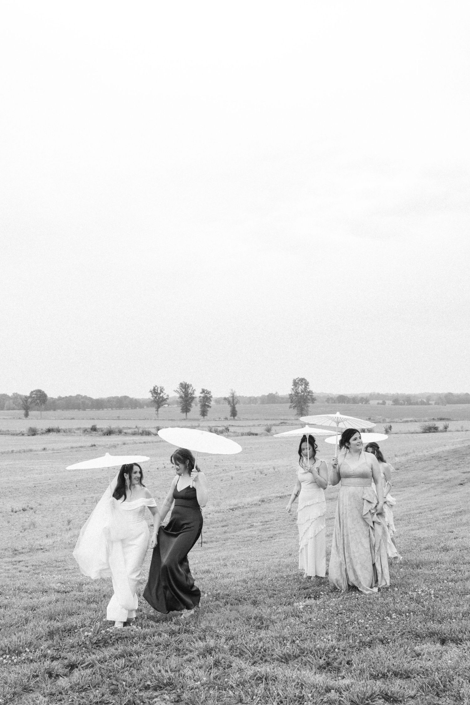 Black and white photo of a bride and bridesmaids walking through an open field with parasols at a Kentucky winery wedding