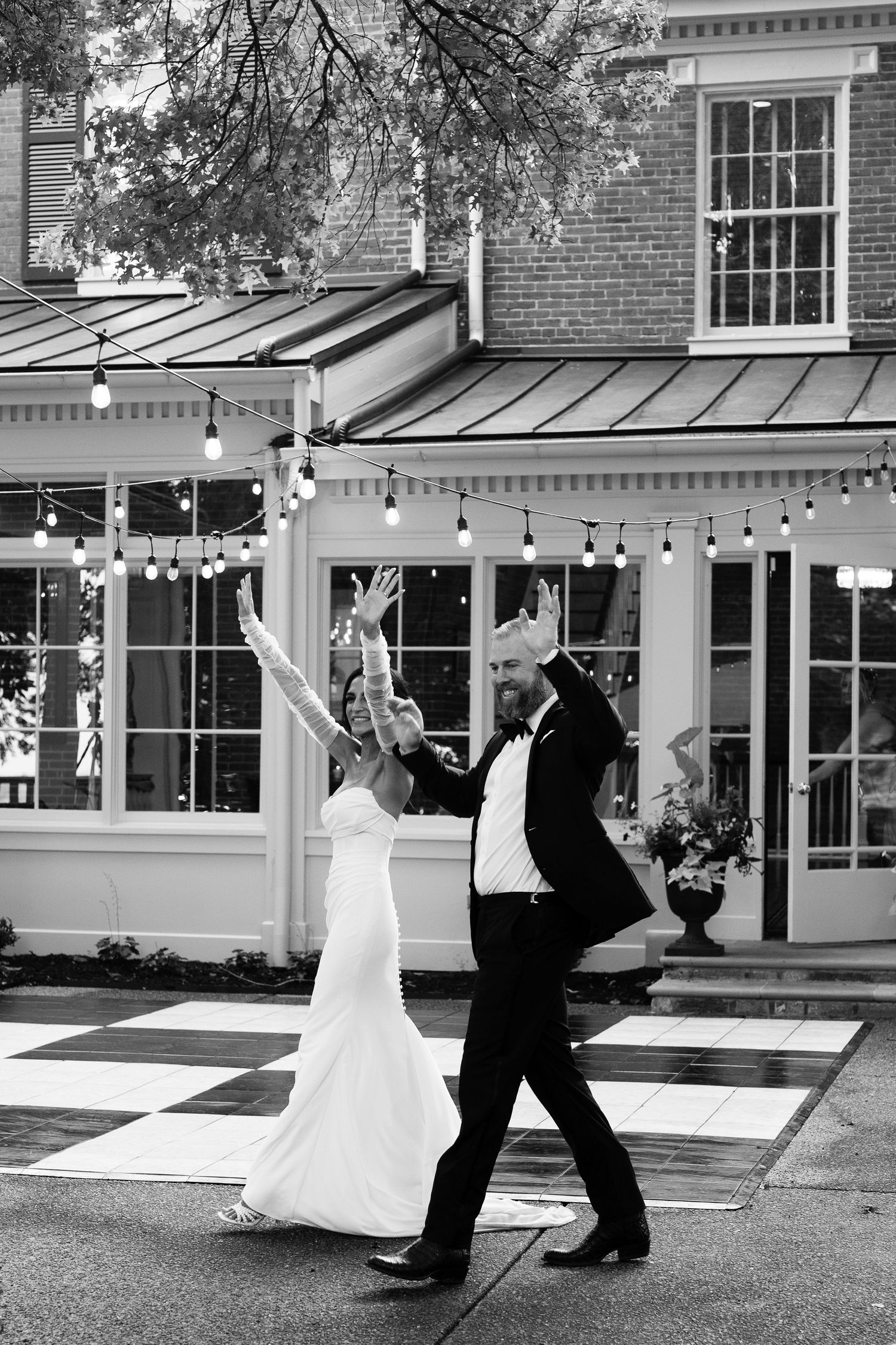 A black and white photo sequence shows a couple  entering their outdoor reception in Nashville, Tennessee