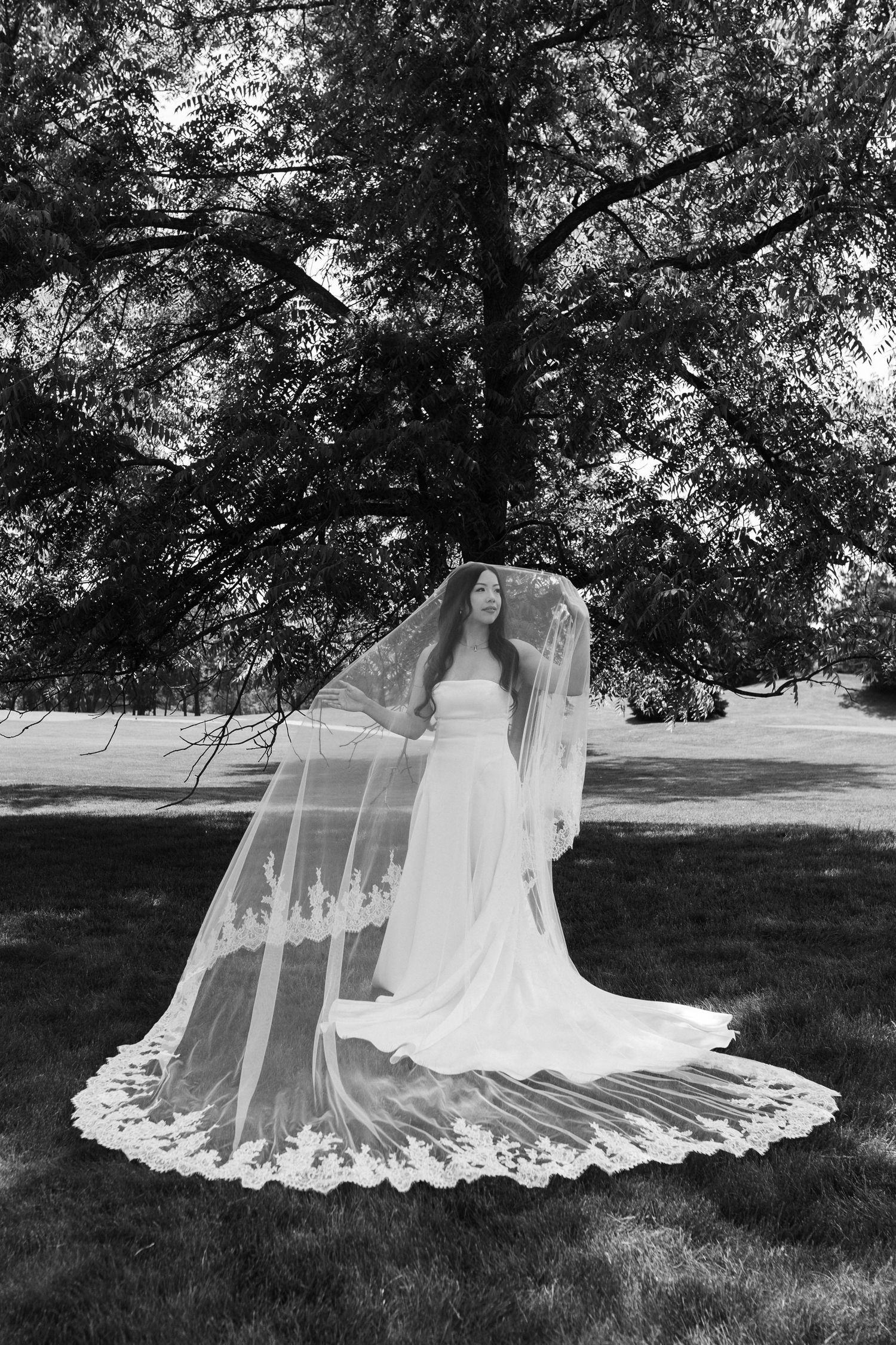Flowing white wedding dress with long cathedral veil photographed in motion across grassy lawn in black and white.
