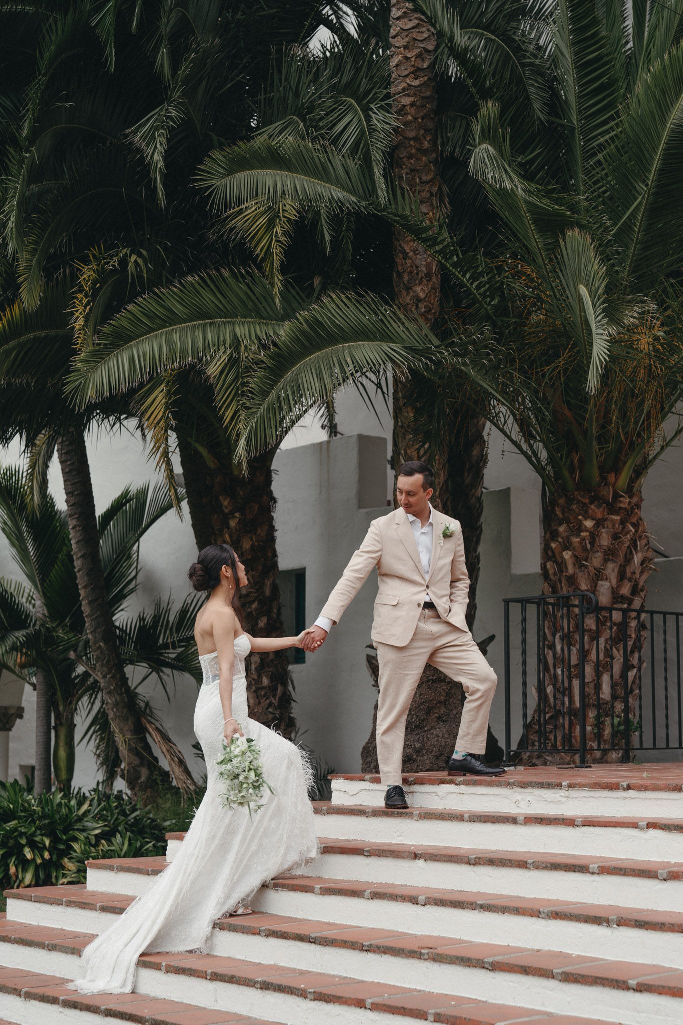 Bride and Groom ascend the Santa Barbara County Courthouse steps