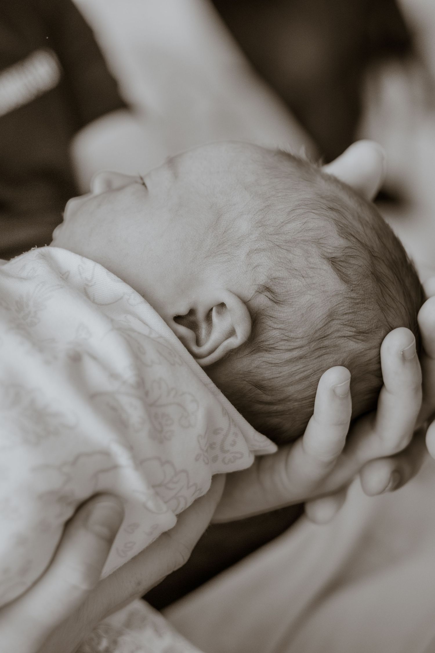 A tender black and white photo of a newborn baby being cradled.