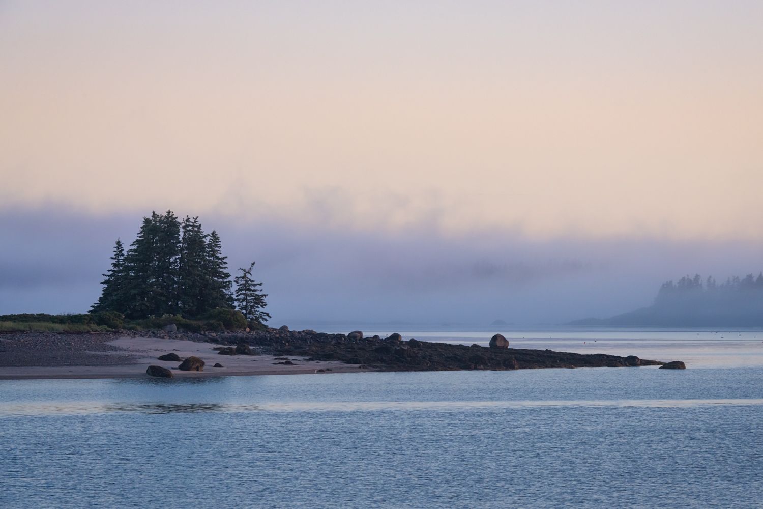 Small island with evergreen trees silhouetted against misty ocean dawn.