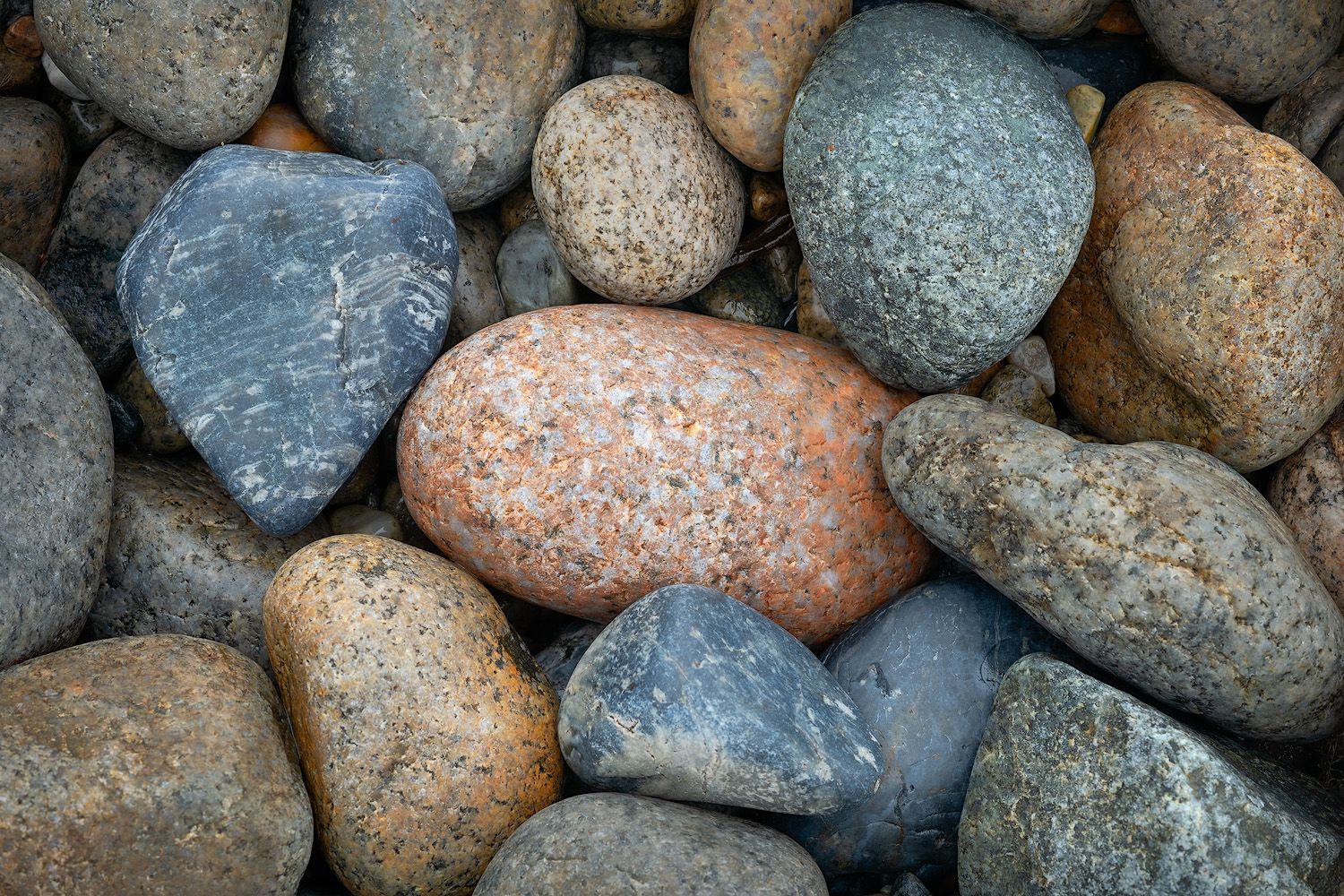 Smooth river rocks in various shades of gray, brown and pink create a natural textured pattern.