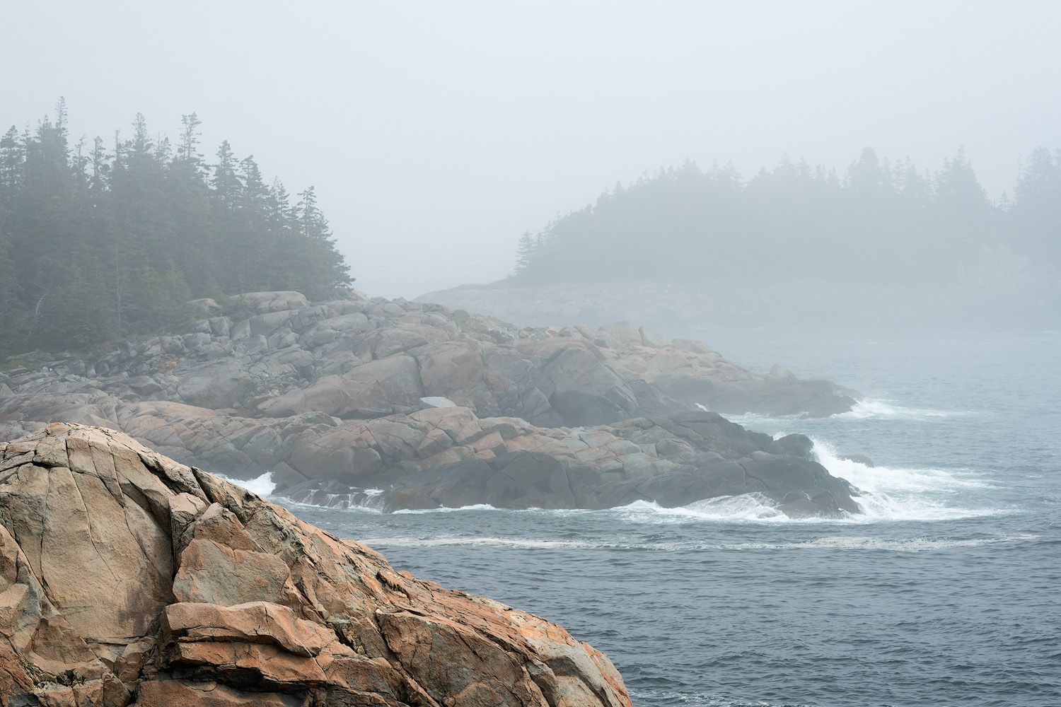 Misty rocky coastline with waves crashing against granite cliffs and evergreen trees in foggy weather.