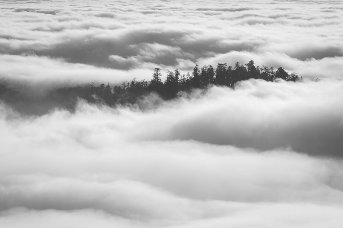 Ethereal fog rolls over mountain peaks in black and white landscape.